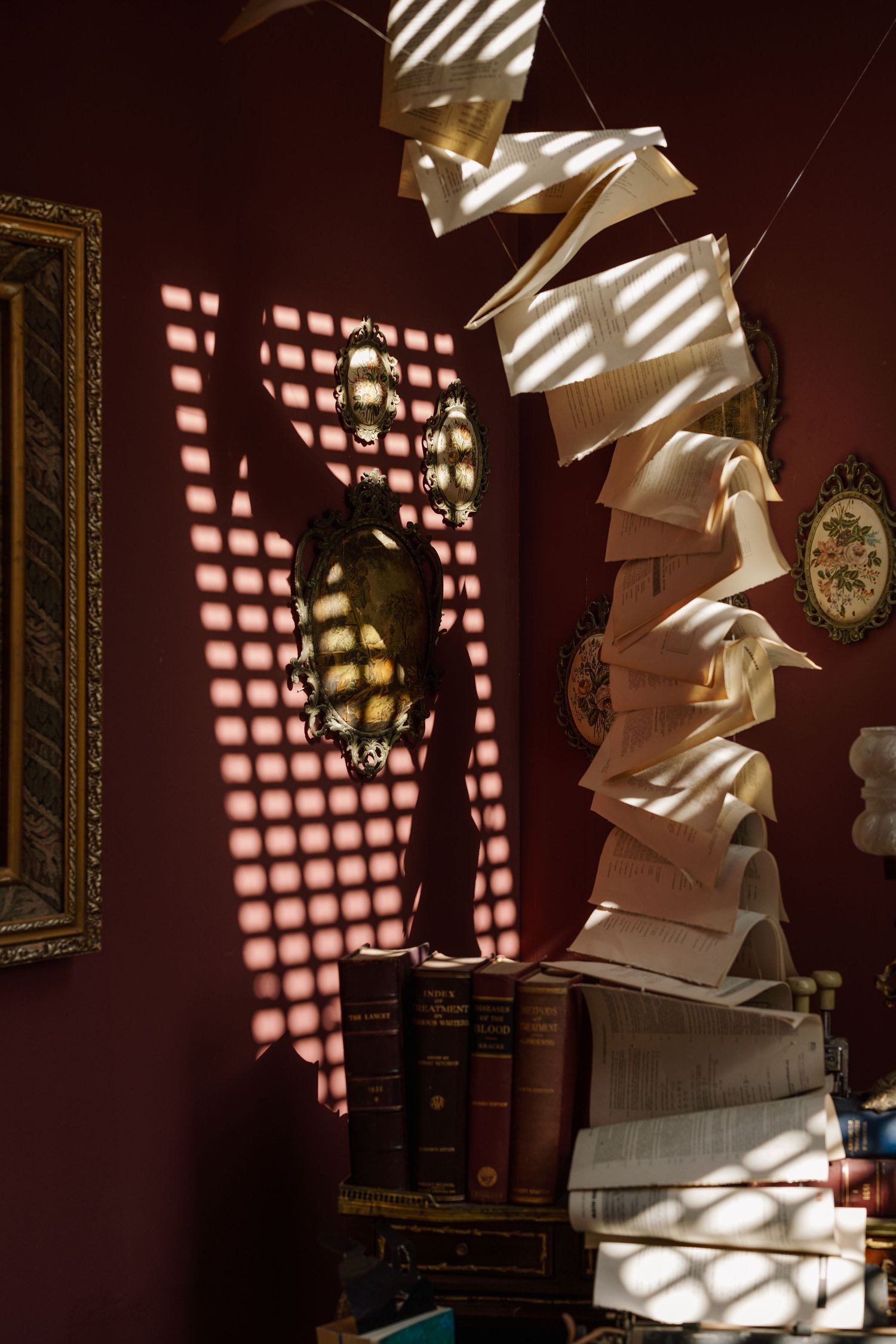 Open book pages suspended in air with sunlight casting grid shadows on deep red wall with antique books.