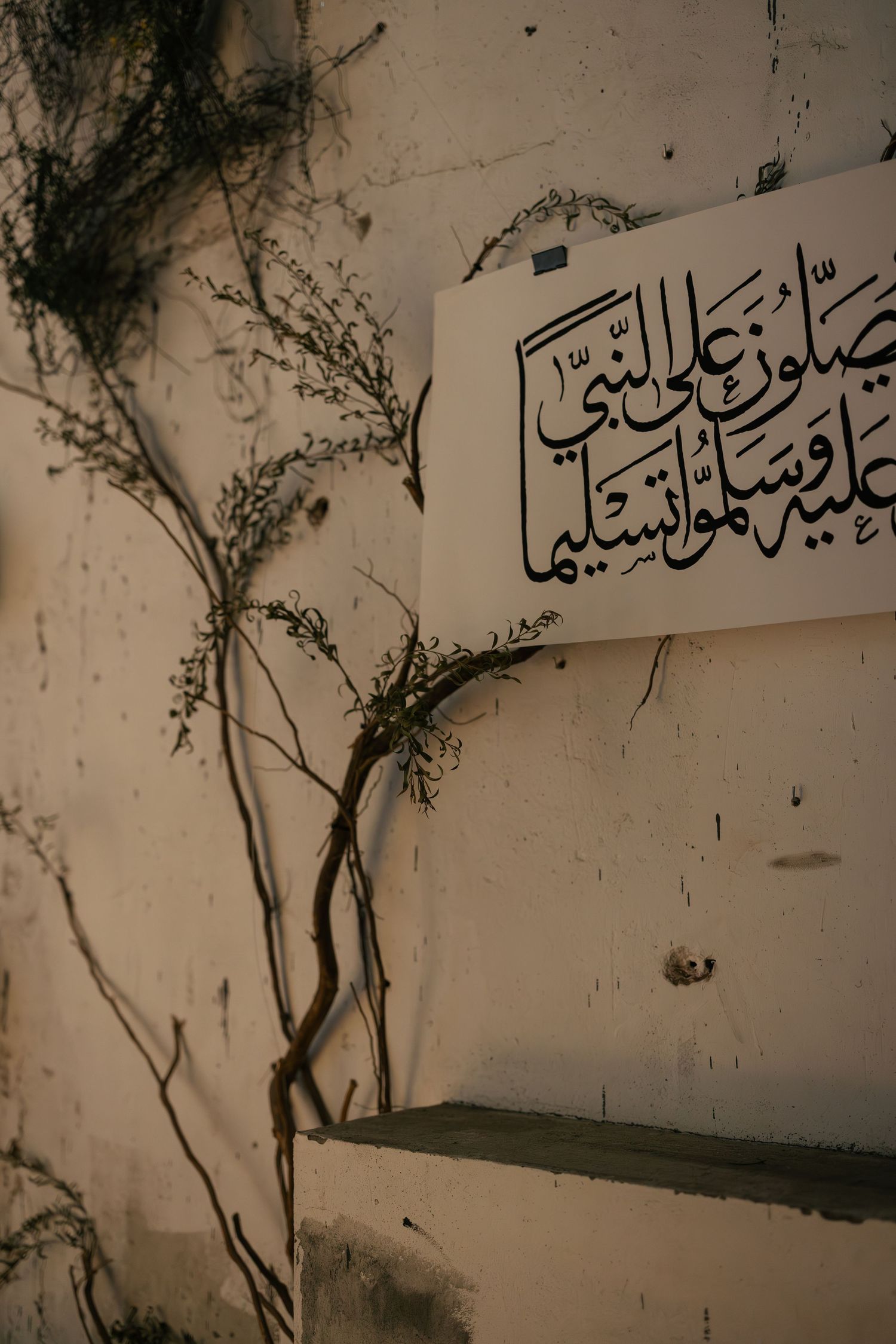 Arabic calligraphy artwork on white paper displayed on a shelf beside dried plant branches on aged wall.