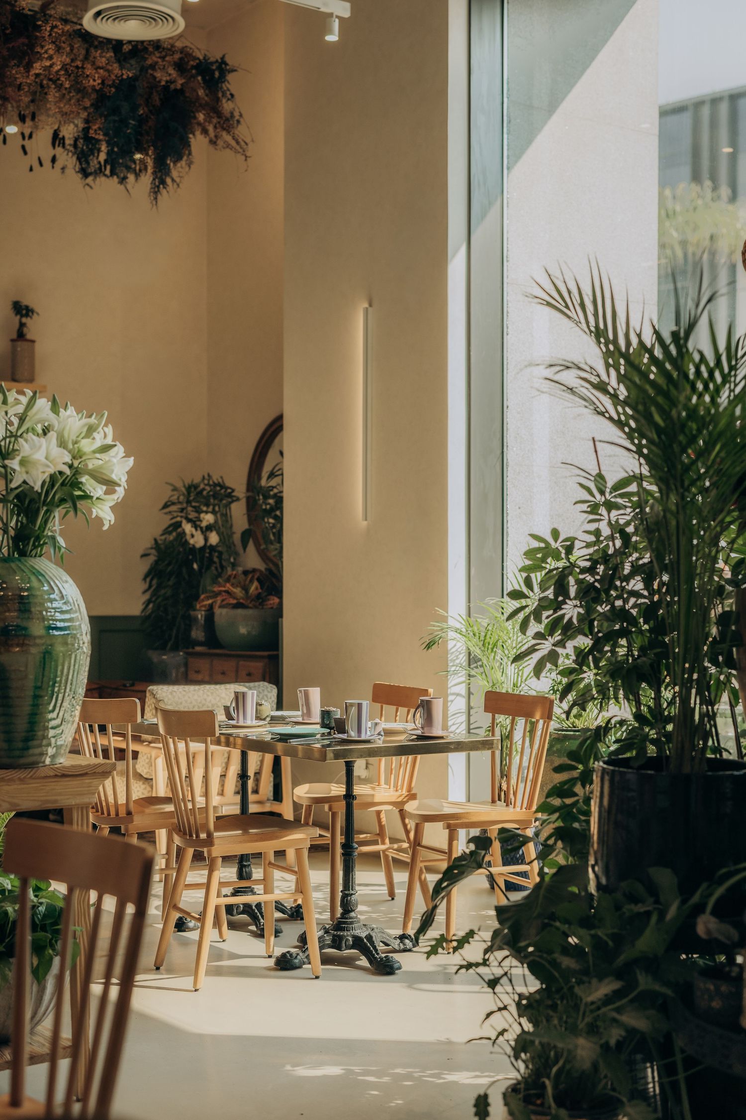 Bright cafe dining room with wooden chairs, large green plants, floral vase and floor-to-ceiling windows.
