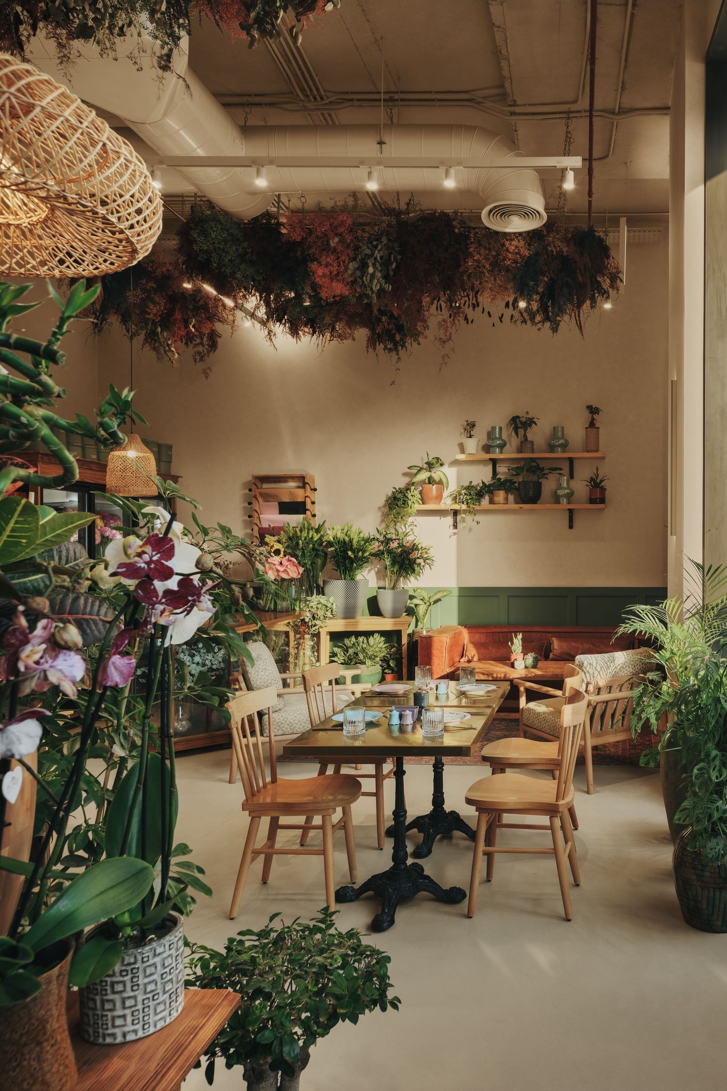 Cozy cafe interior filled with lush green plants, wooden furniture, hanging botanicals, and warm string lights overhead.