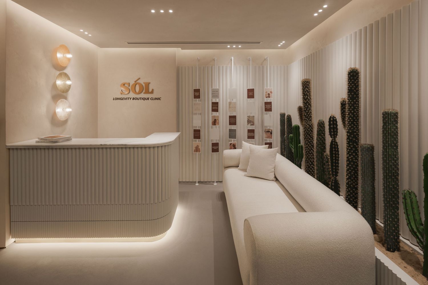 Elegant SOL Longevity Boutique Clinic reception area with white sofa, cacti wall, and warm ambient lighting.