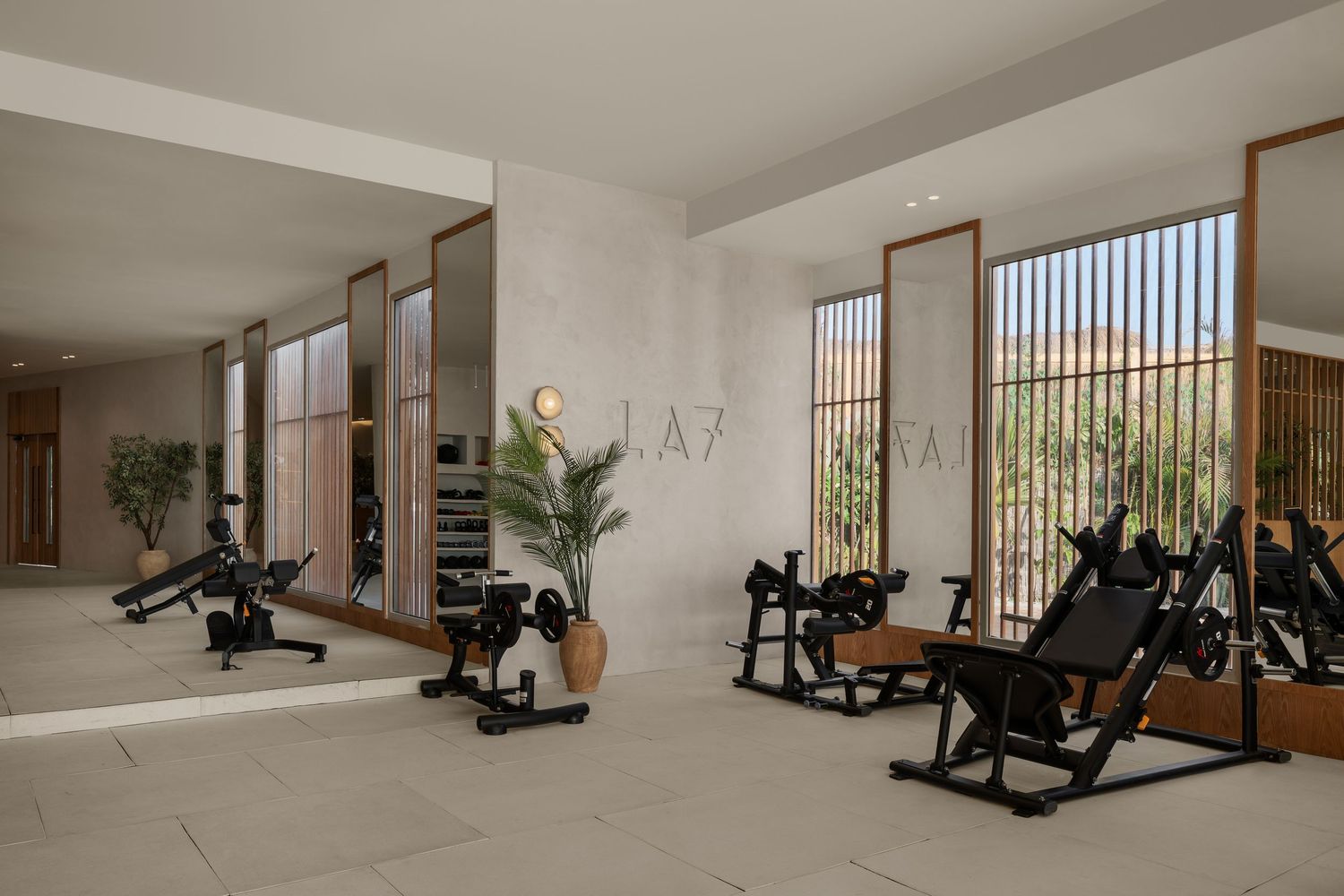 Modern fitness studio with weight machines, large mirrors, warm wood-framed windows, and elegant plant decor.