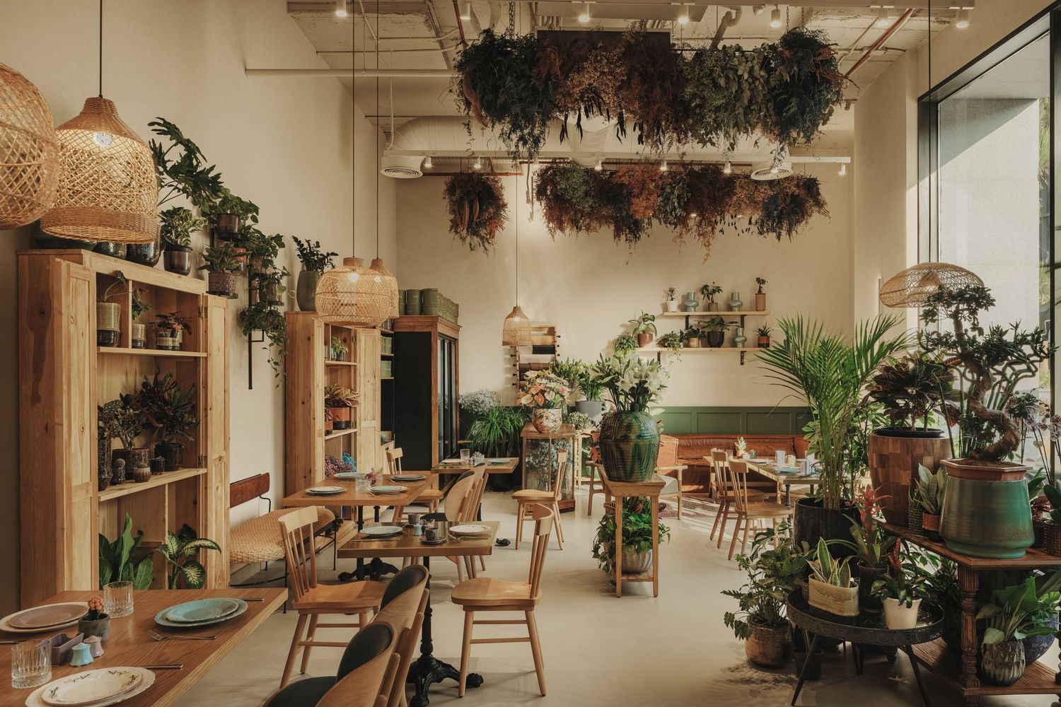Cozy cafe interior with lush hanging plants, wooden furniture, and natural decor creating a botanical dining atmosphere.