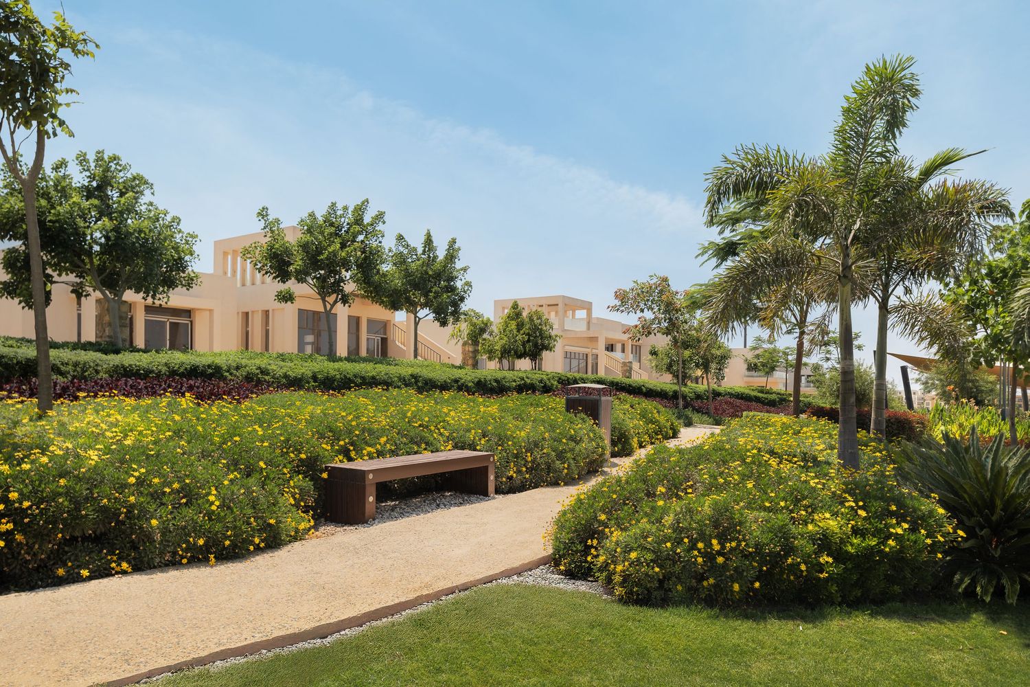 Peaceful garden walkway with yellow wildflowers, trimmed hedges, and a wooden bench beside residential villas.