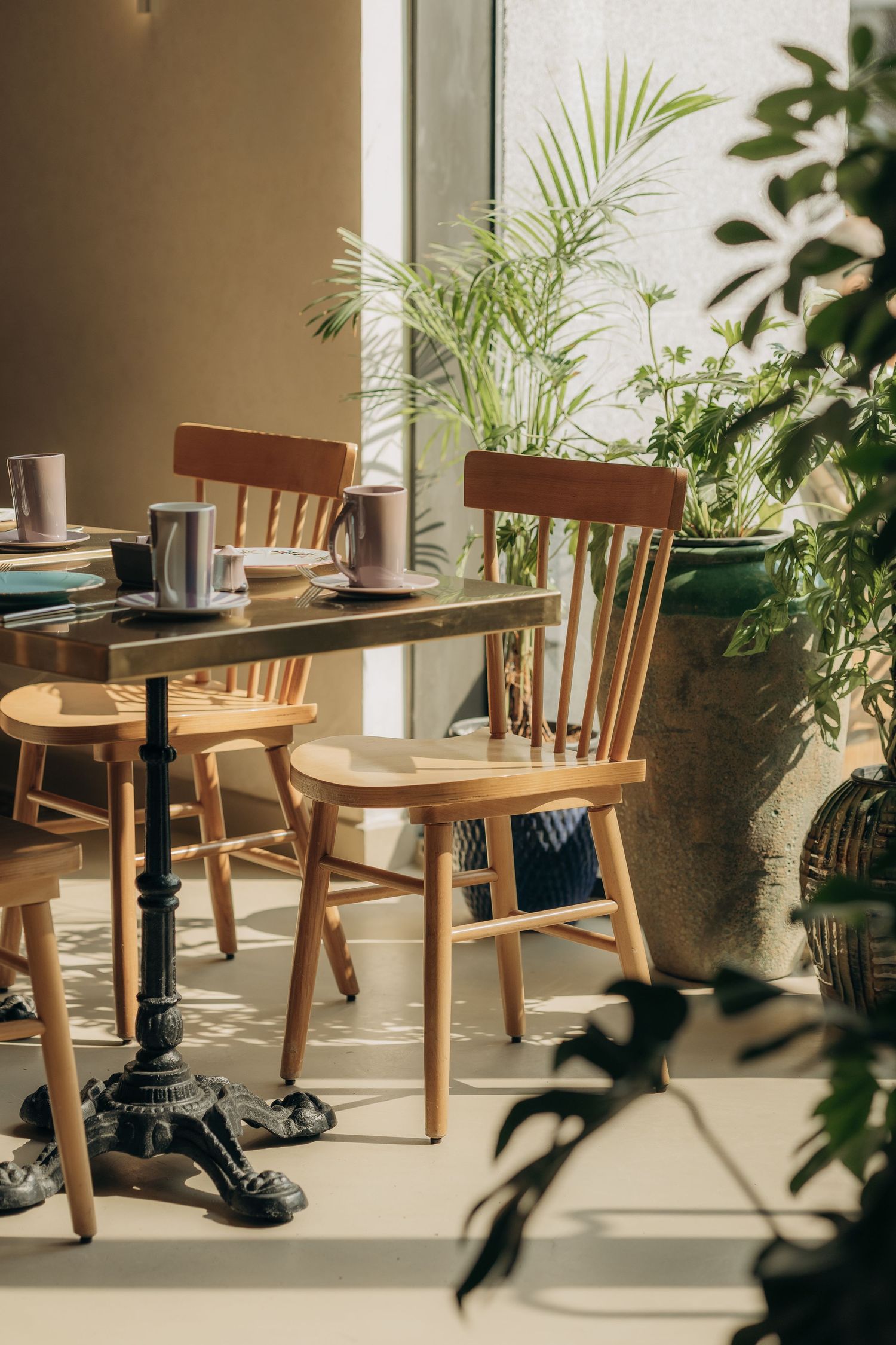 Bright cafe interior with wooden spindle chairs, bistro tables, lush green plants and natural sunlight.