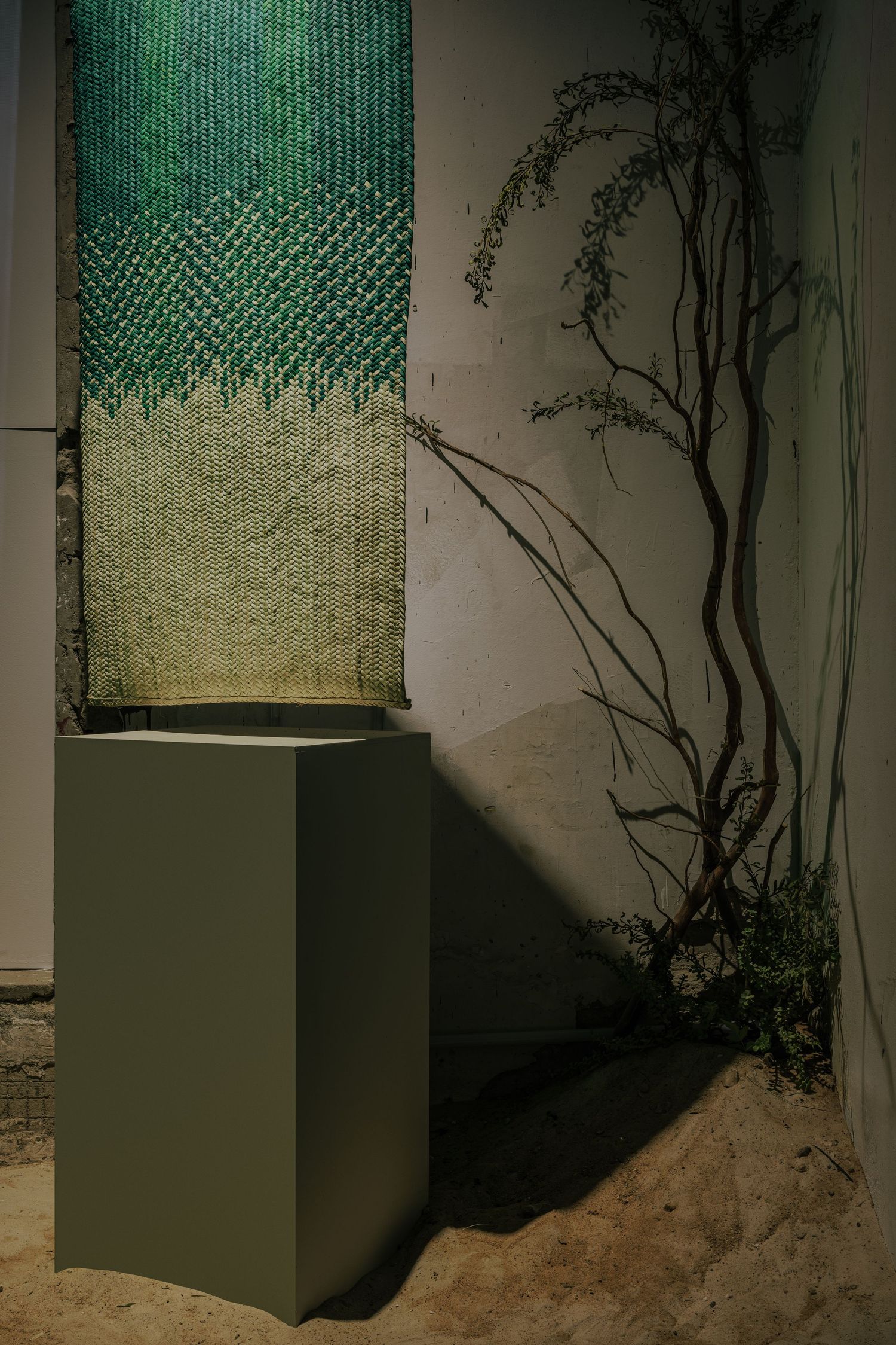 Green woven textile art installation on pedestal with dried plant against white wall in gallery.