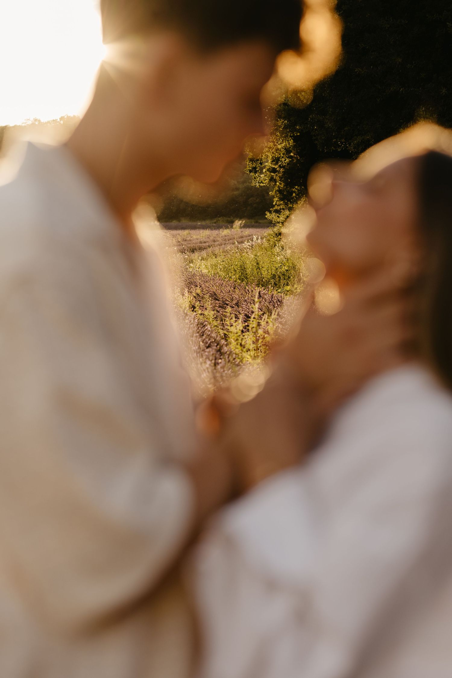 Dreamy golden hour portrait with blurred lavender field in background.