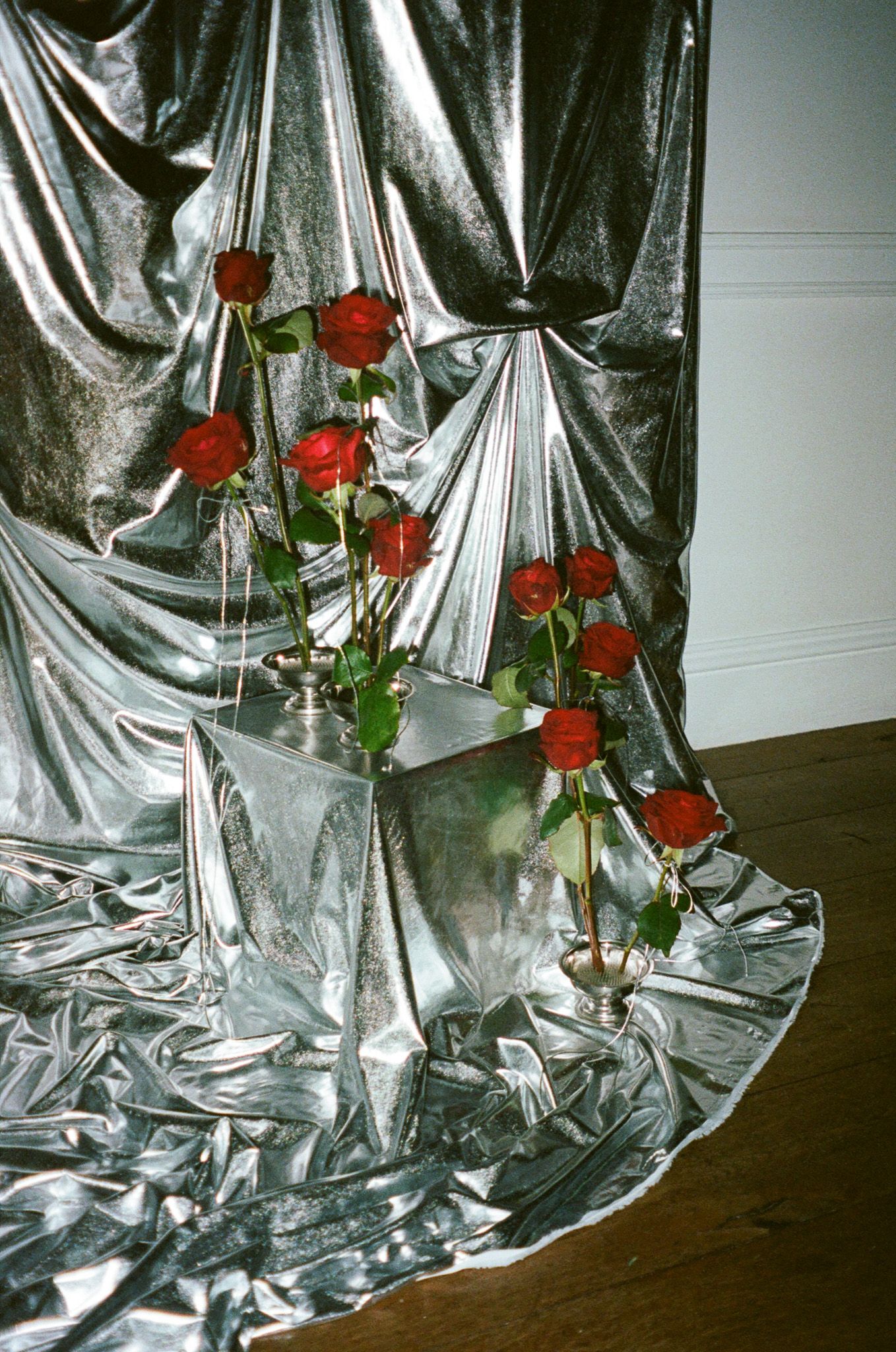 Red roses rest against a shimmering silver metallic fabric backdrop in a dramatic still life composition.