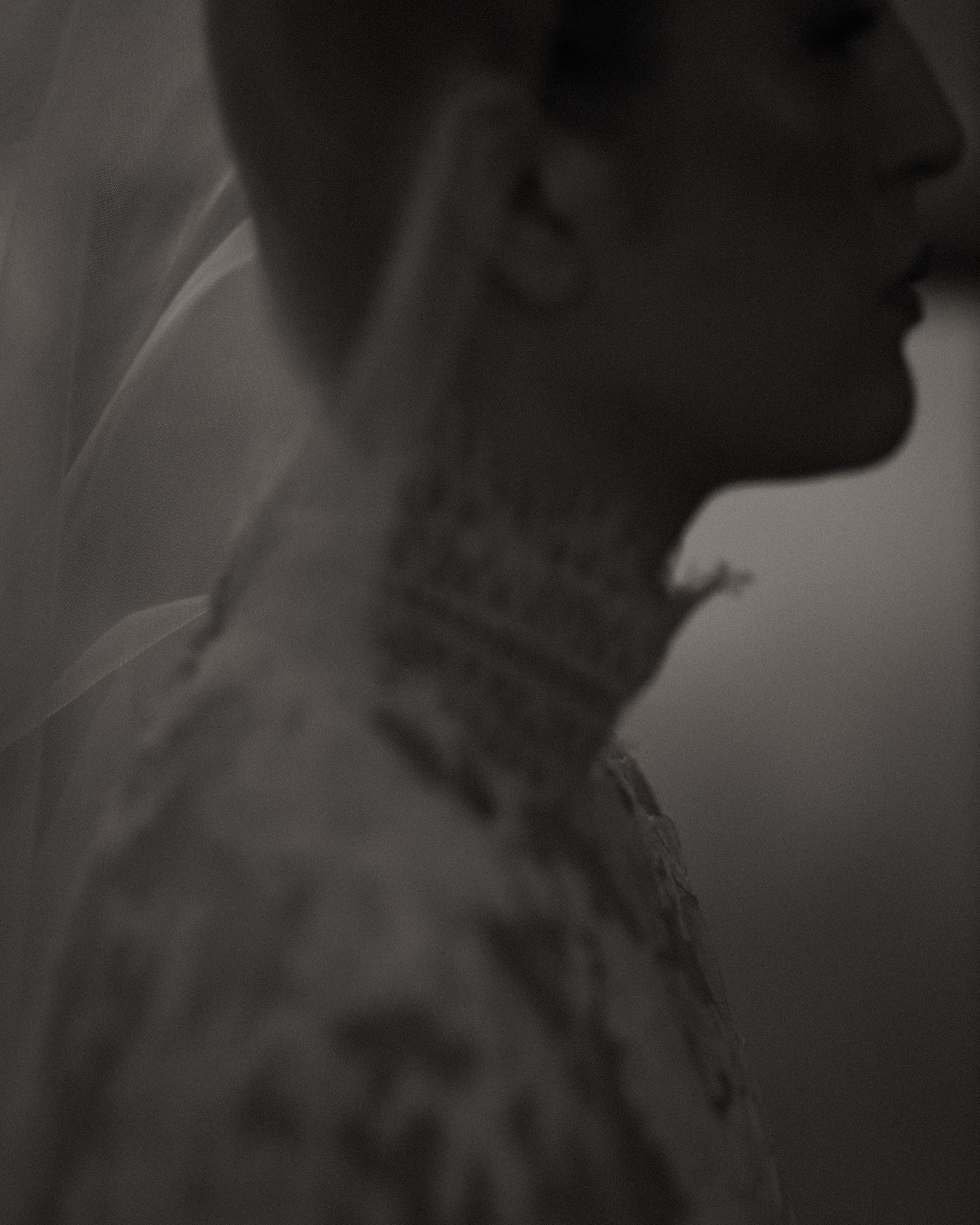 Black and white profile portrait of a bride wearing a veil and embroidered dress, captured in moody dramatic lighting.