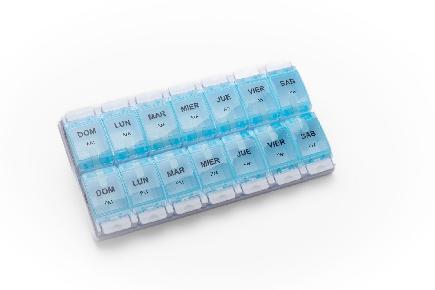 Product photography shot of blue pill organizer