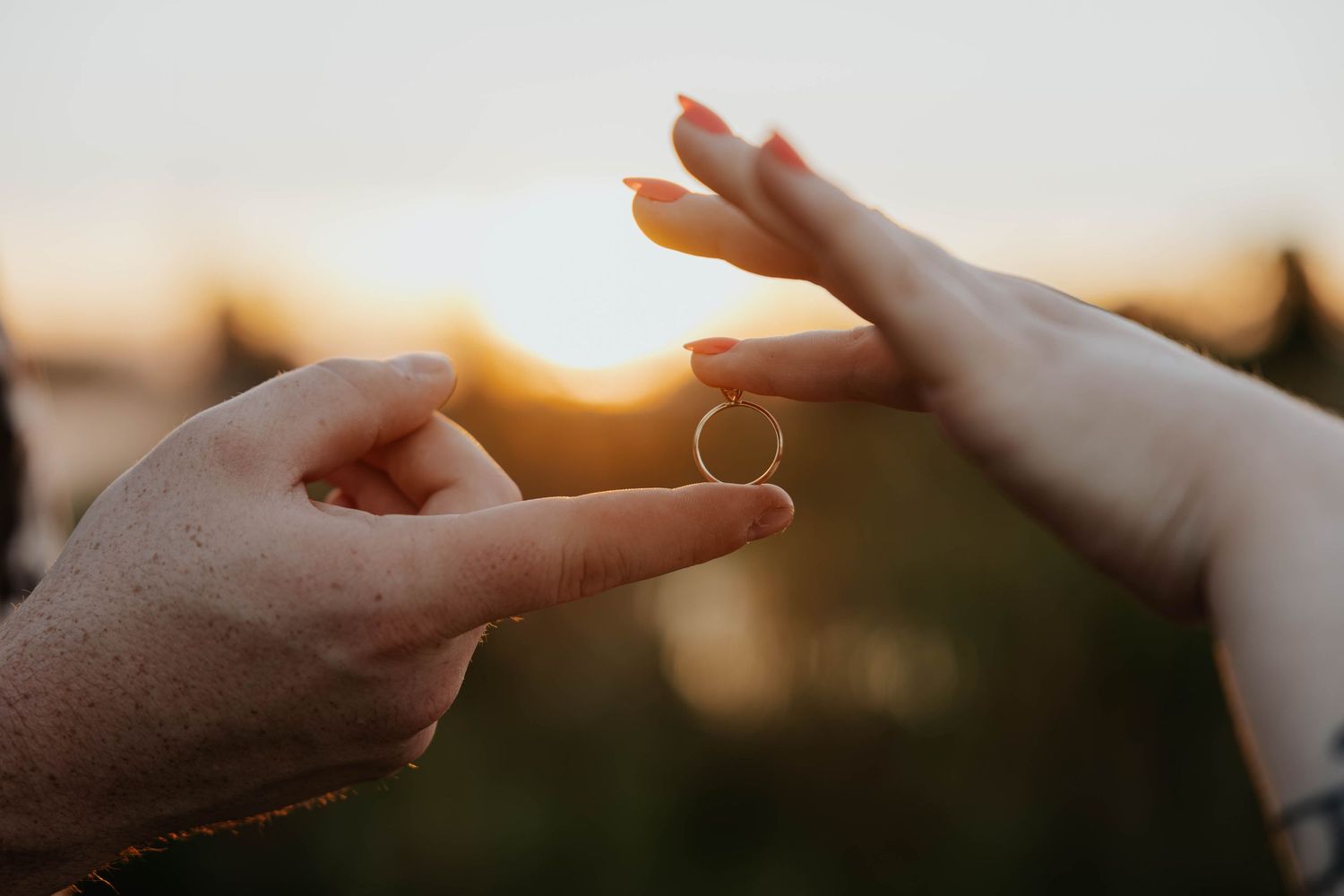 Close-up engagement photo of a couple's hands and sparkling engagement ring in warm sunset light at Celery Flats in Portage, Michigan.