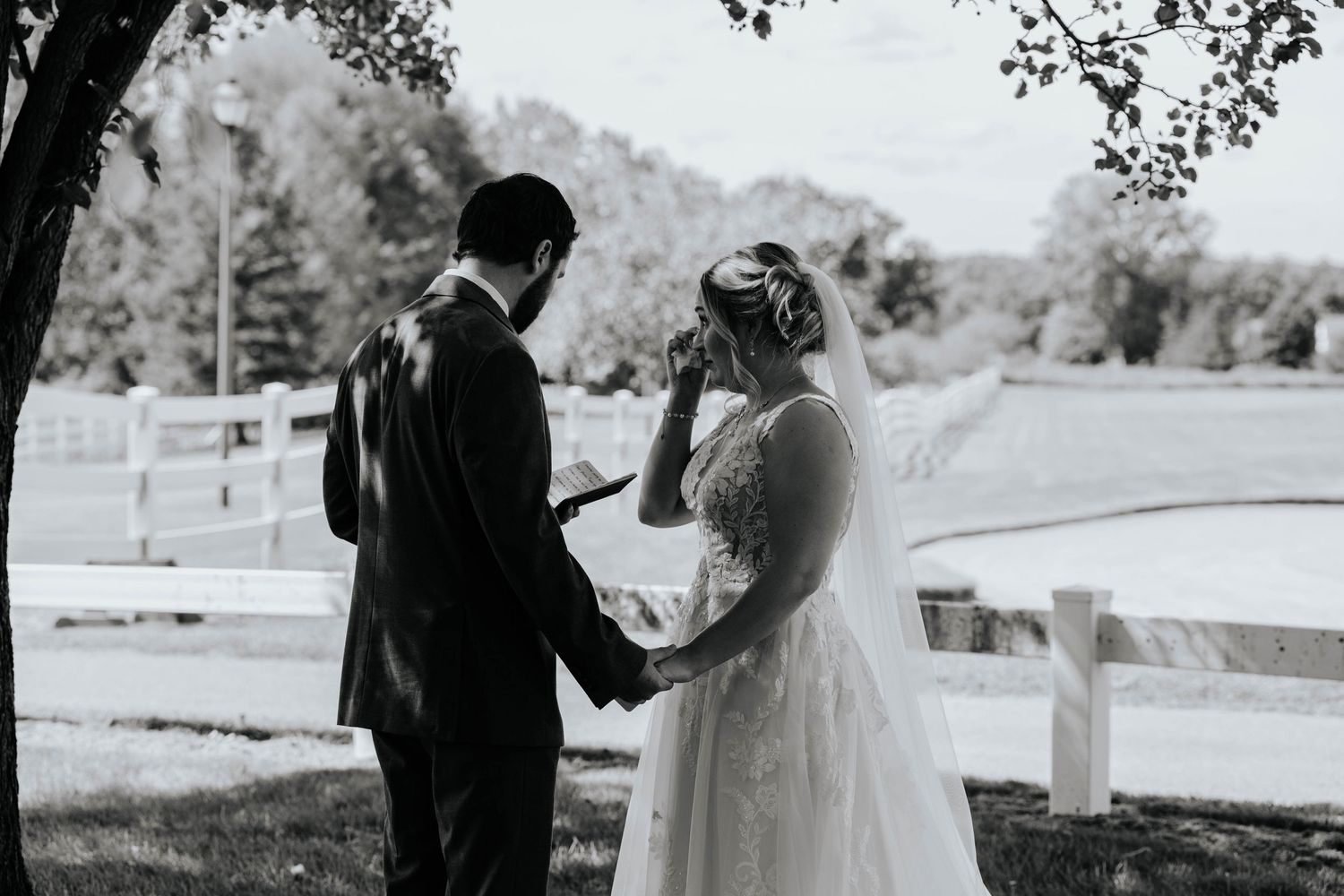 Black-and-white wedding portrait of a bride and groom holding hands beneath a tree at Hawk Hollow in Lansing, Michigan.