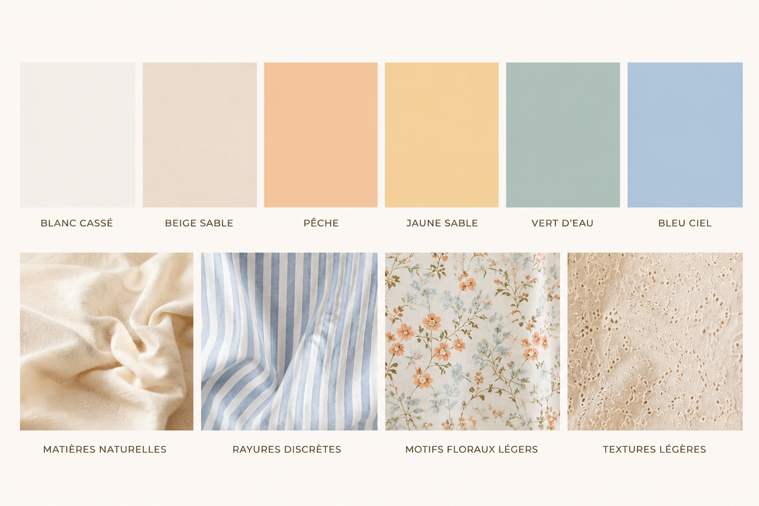 Pastel color palette with fabric textures including natural materials, subtle stripes, light floral prints, and sandy textures.