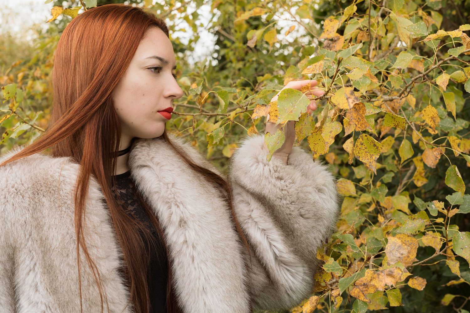 Portrait de femme rousse au milieu des feuilles dorées lors d’une séance photo d’automne en Provence