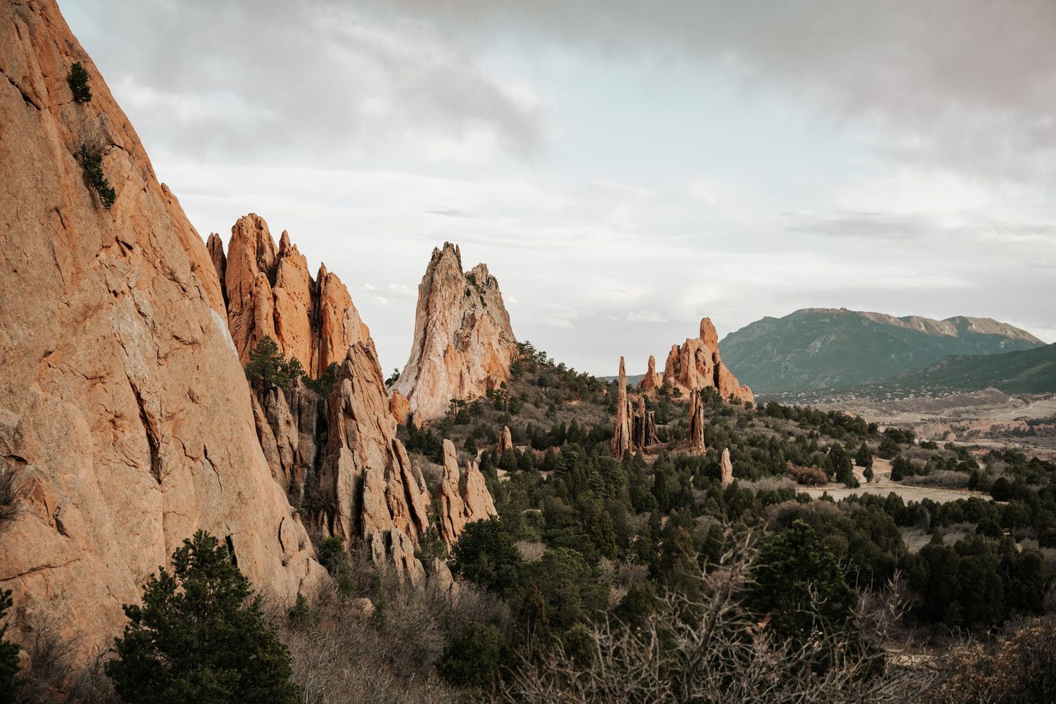Panoramic view of Garden of the Gods rock formations in Colorado Springs.
