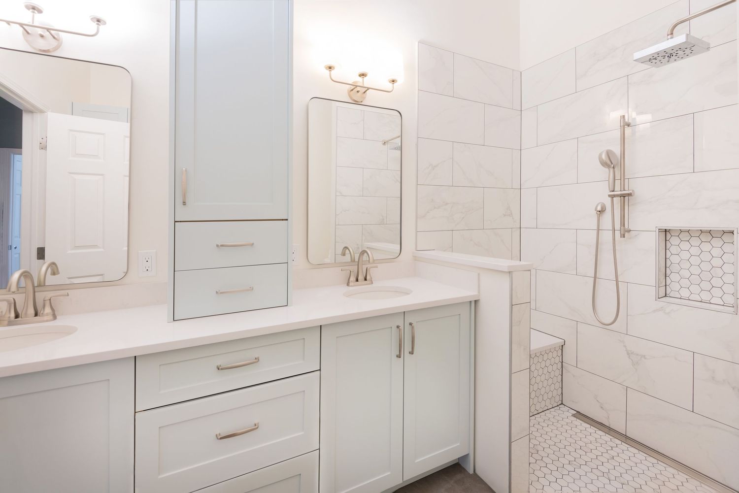 Modern white bathroom with quartz countertops, Calgary interior photographer