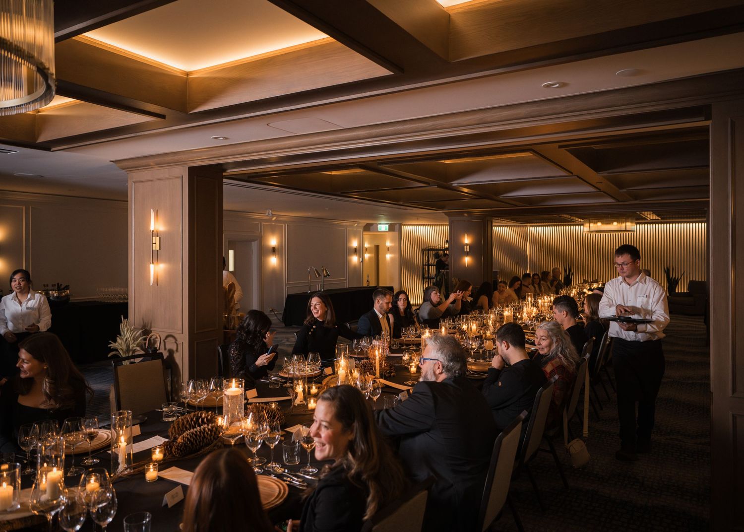 Charity gala table setting with centrepieces and candlelight, Calgary events photography