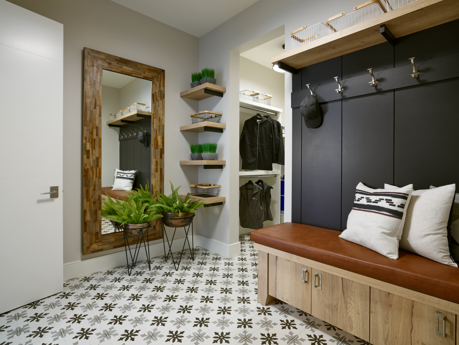 Mudroom with built-in storage and bench seating, Calgary interior photography