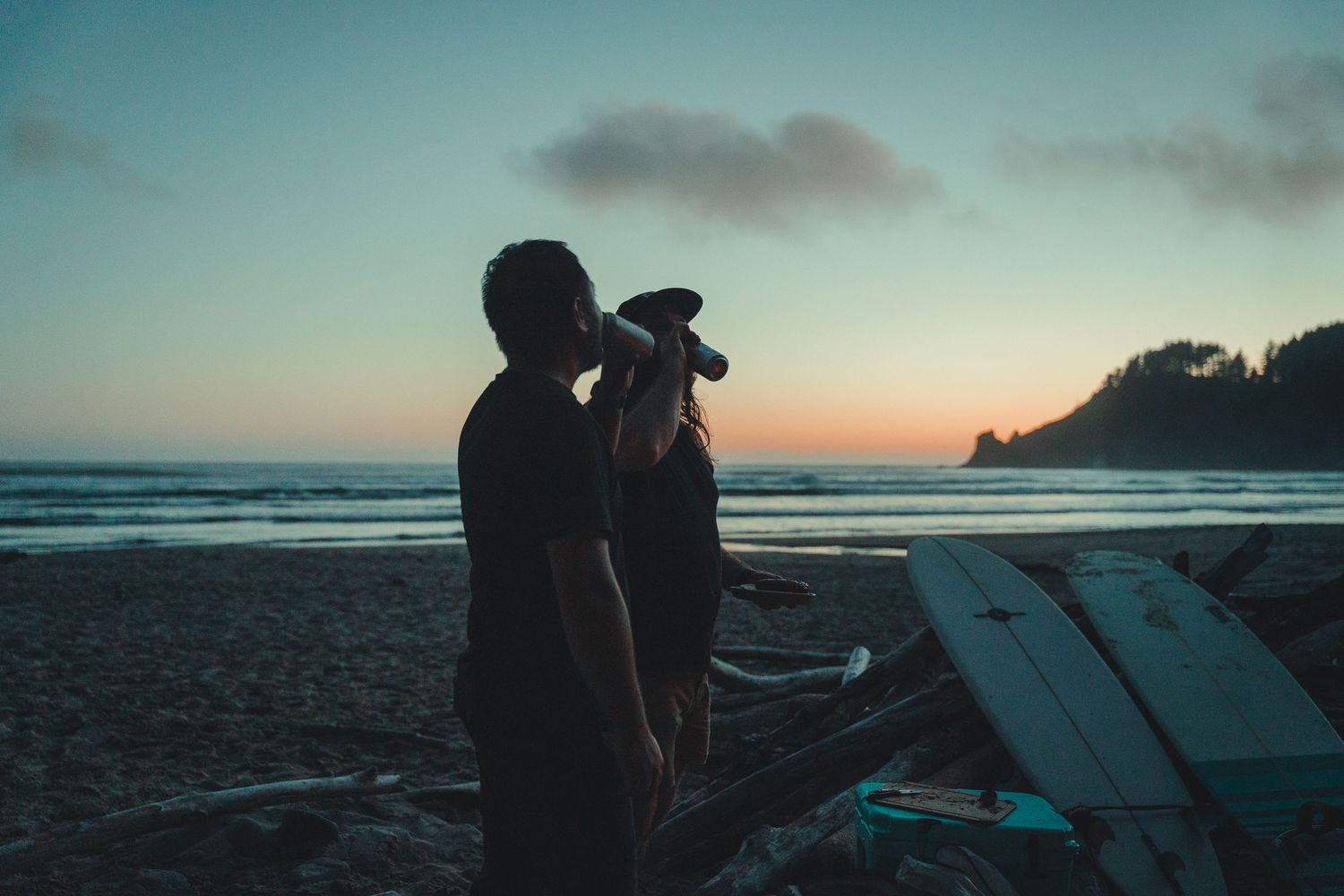 Silhouette of a person photographing a dog on a beach at sunset with driftwood and ocean waves in the background.