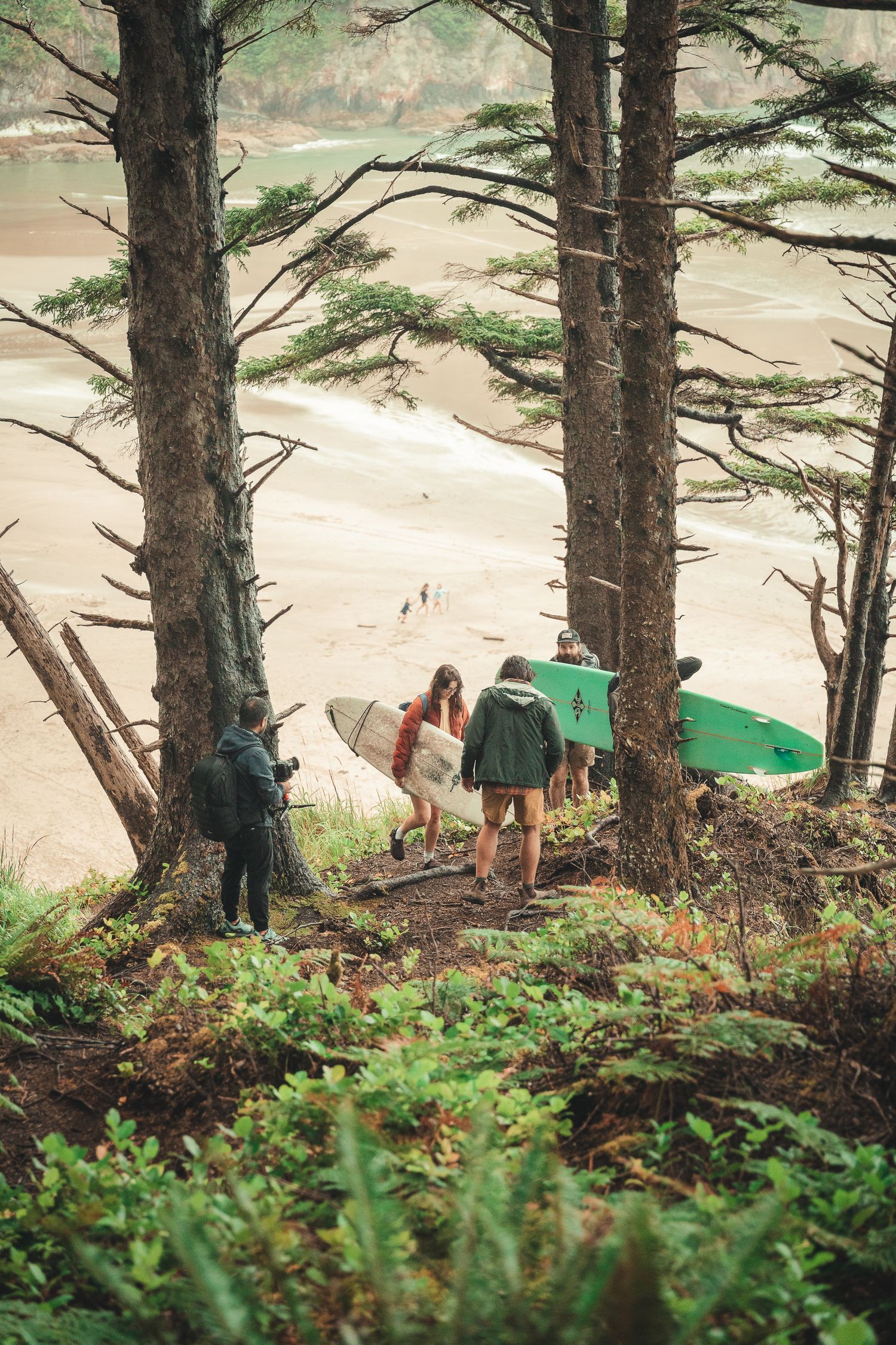 Surfers carrying boards through coastal forest trail toward sandy beach on a misty day.