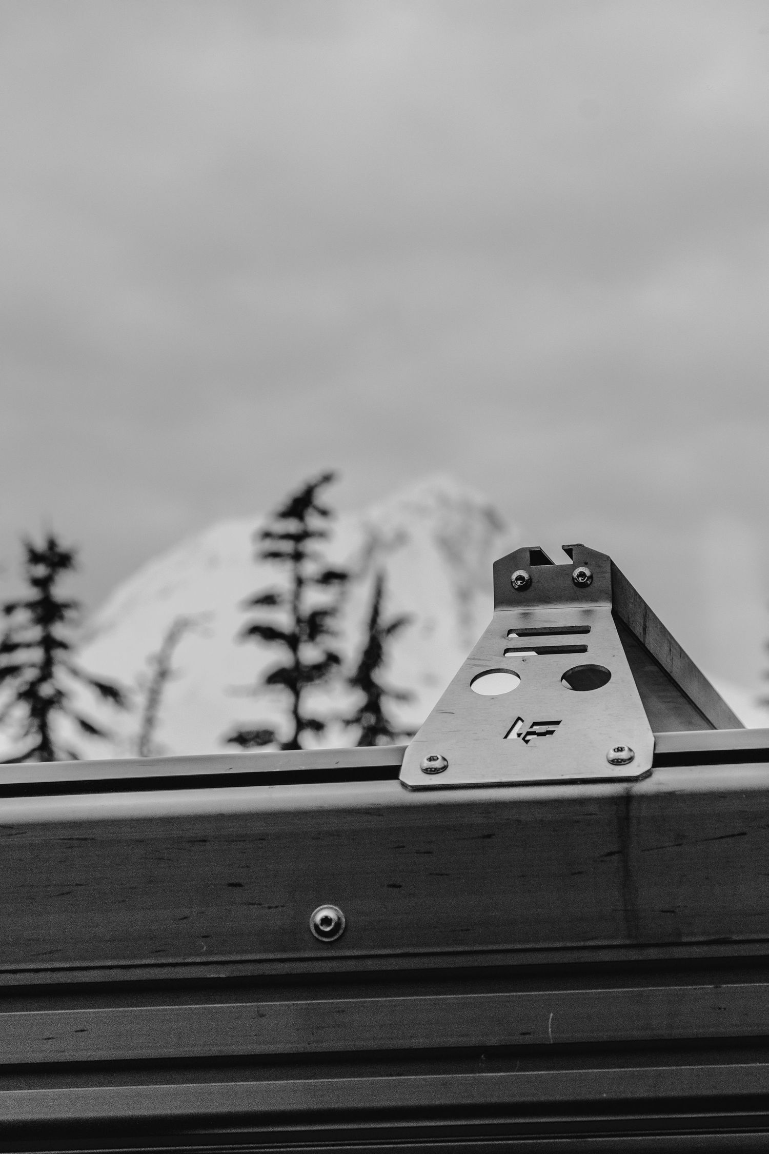 Close-up black and white shot of mounting brackets against a silhouette of pine trees.