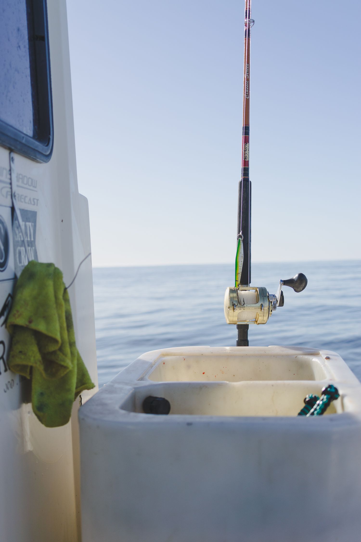 A fishing rod with a baitcasting reel mounted on a boat with calm ocean in the background.