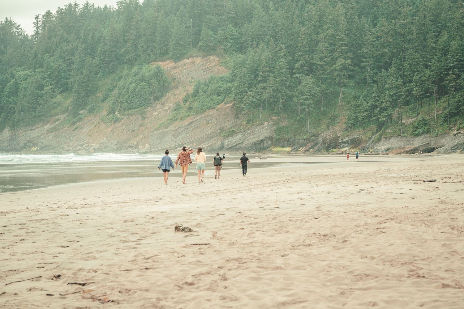 Group of friends walking along a misty sandy beach with lush green forested hills in the background.
