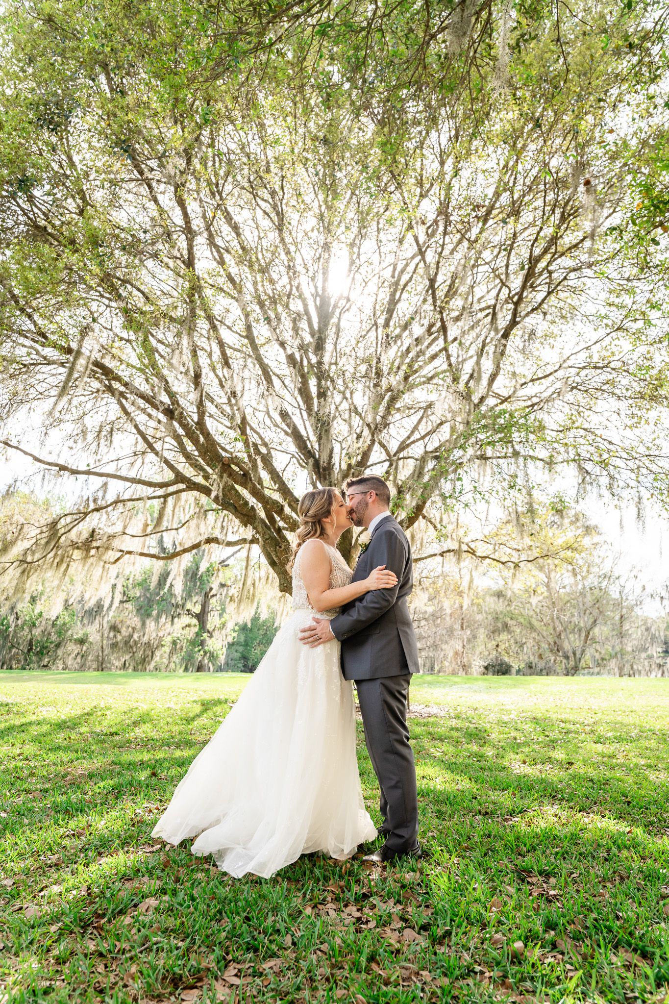 Bride and groom kissing under a large sunlit oak tree on green lawn at wedding.