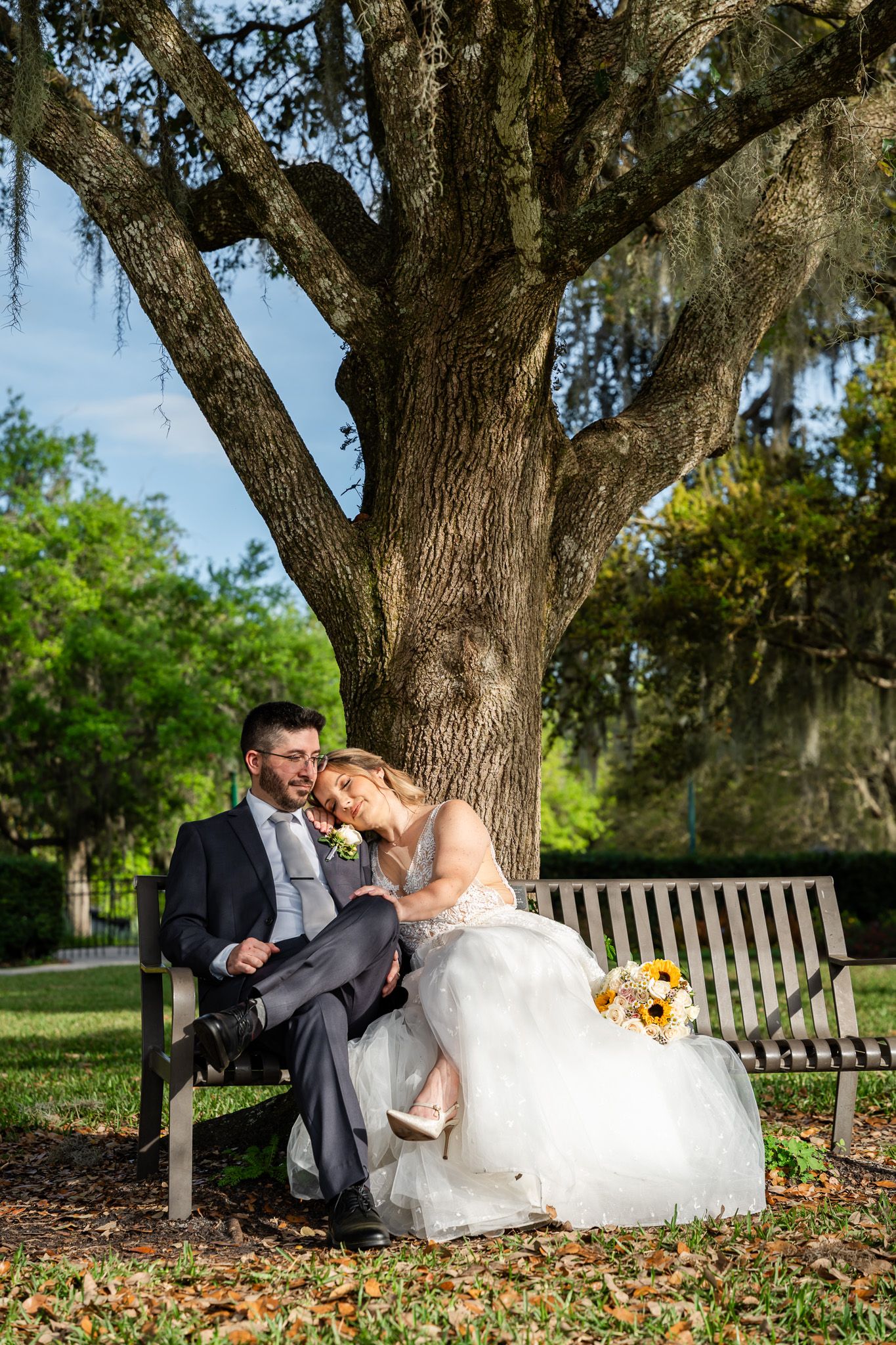 Bride and groom share a tender kiss while seated on a bench beneath a large oak tree.