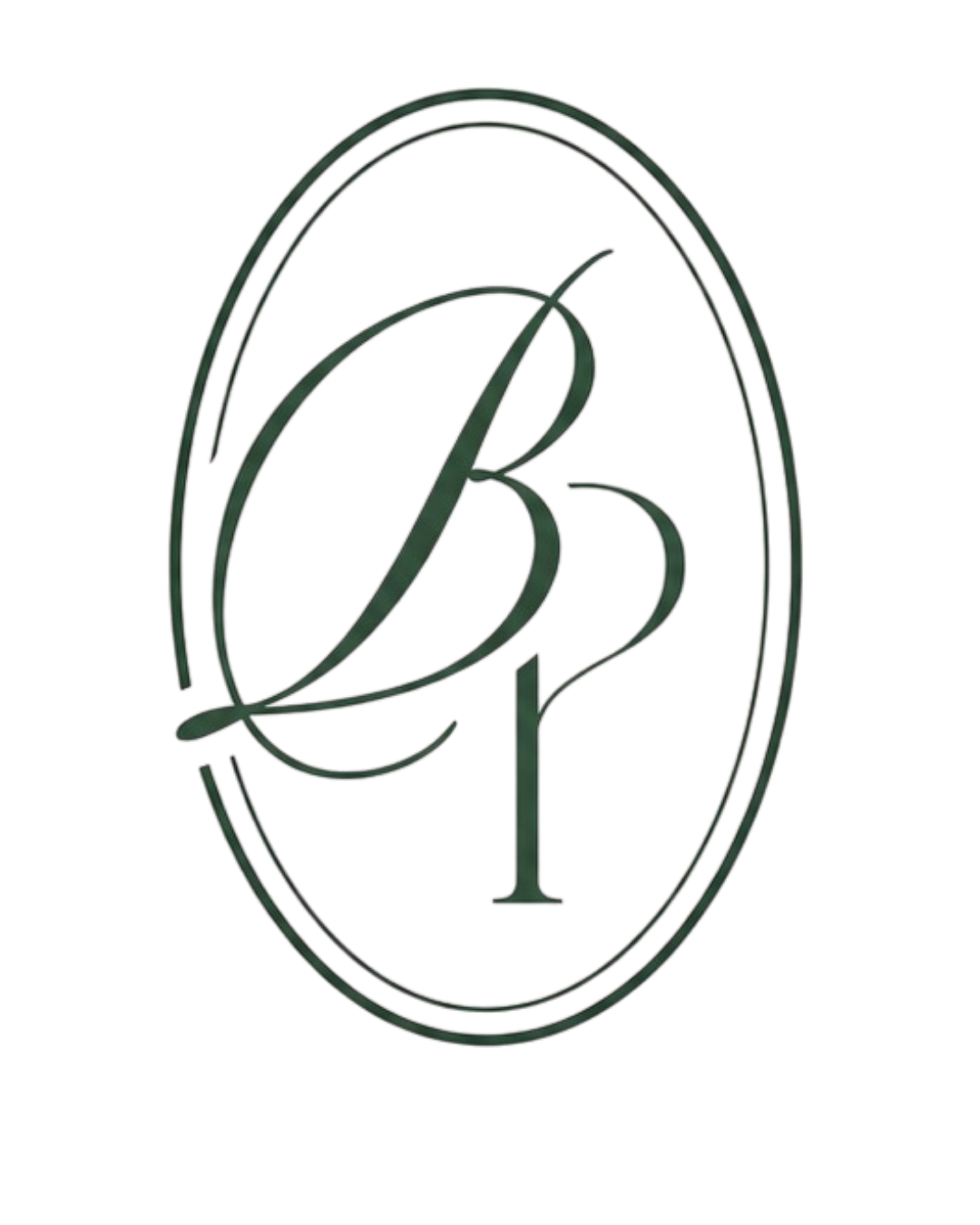 Elegant oval monogram logo with cursive BP initials in dark green.