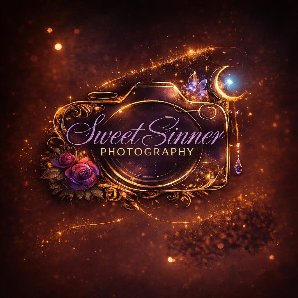 Sweet Sinner Photography logo with golden camera, roses, crystals, and crescent moon on dark bokeh background.