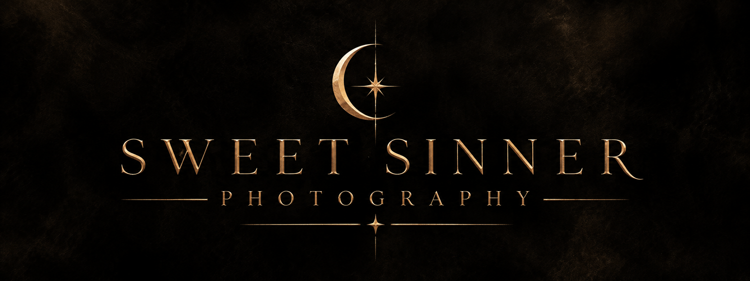 Sweet Sinner Photography logo featuring elegant gold text and a crescent moon emblem on a dark background.