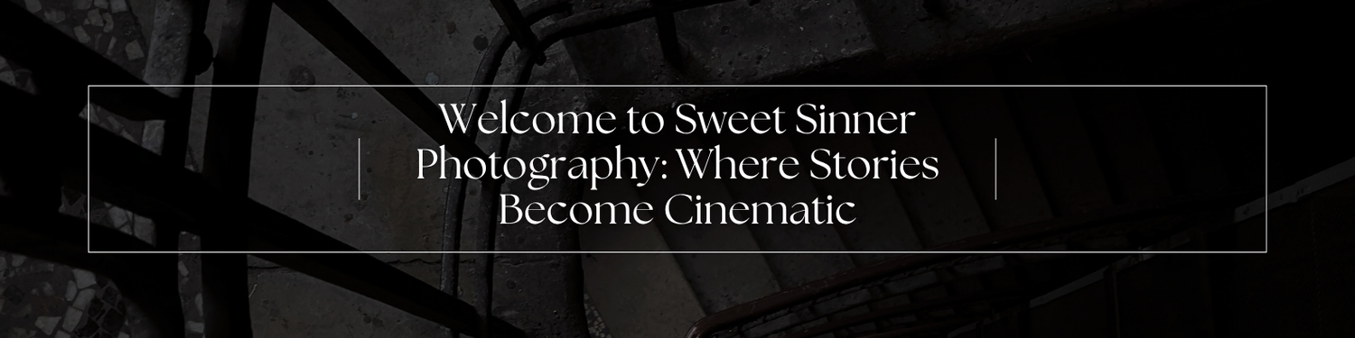 A dark cinematic banner with text reading Welcome to Sweet Sinner Photography: Where Stories Become Cinematic.