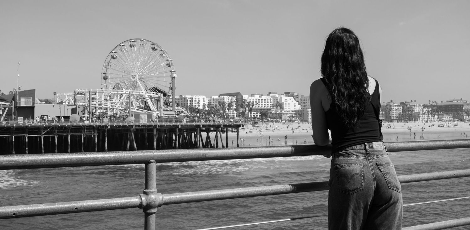Santa Monica Pier - Person looking over the ocean to park