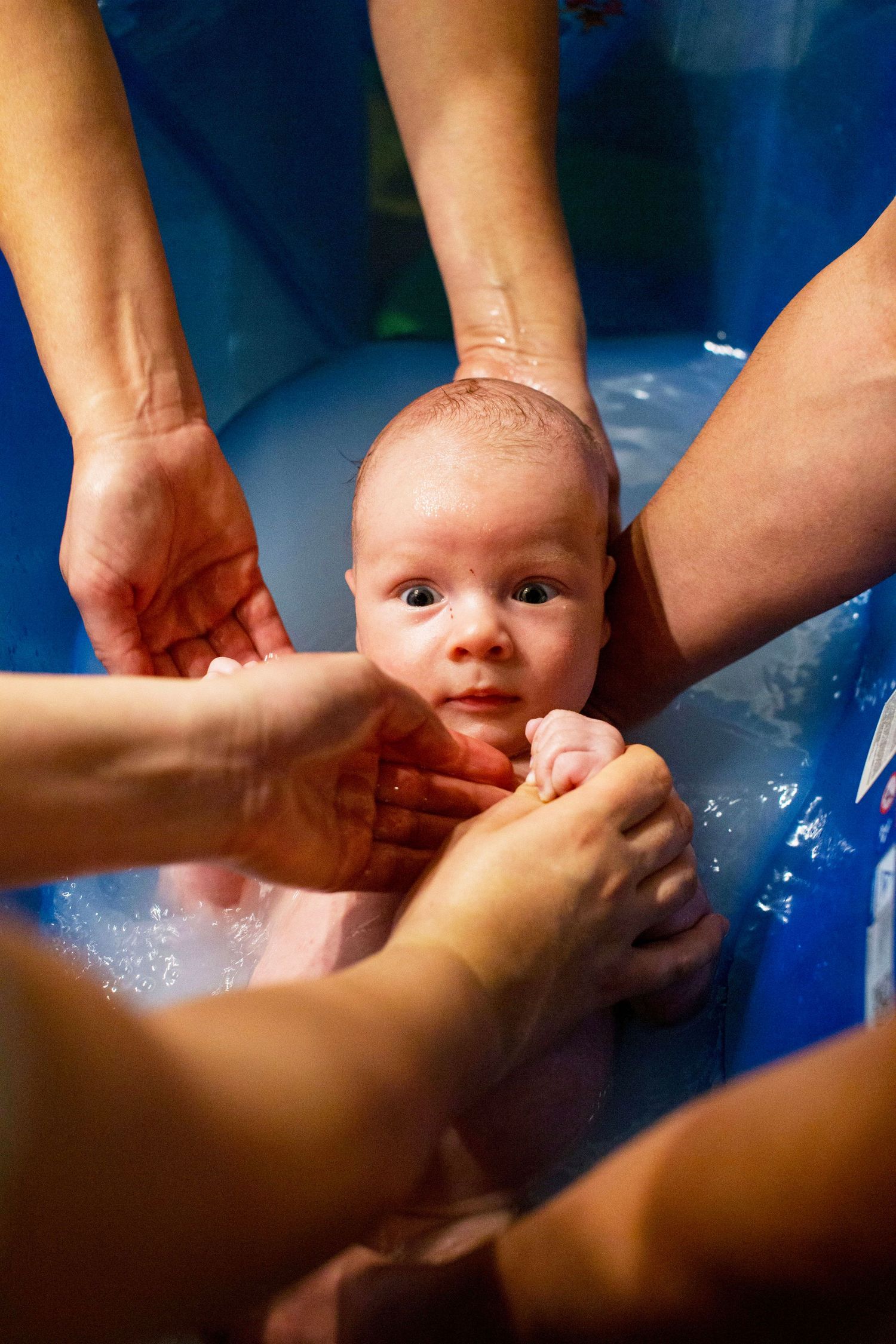 Hands hold a bathing newborn. Childhood, matrescence, newborn and family photography by The Mother's Eye, Beckenham, South East London.