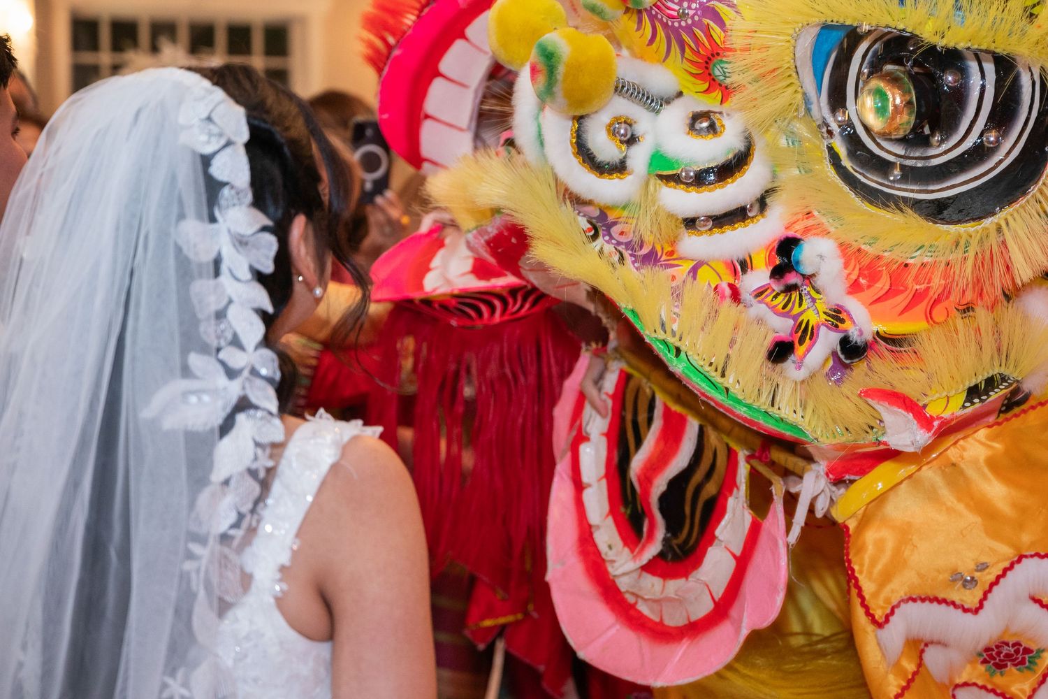 Bride in white veil interacts with colorful traditional Chinese lion dance costume at a wedding celebration.
