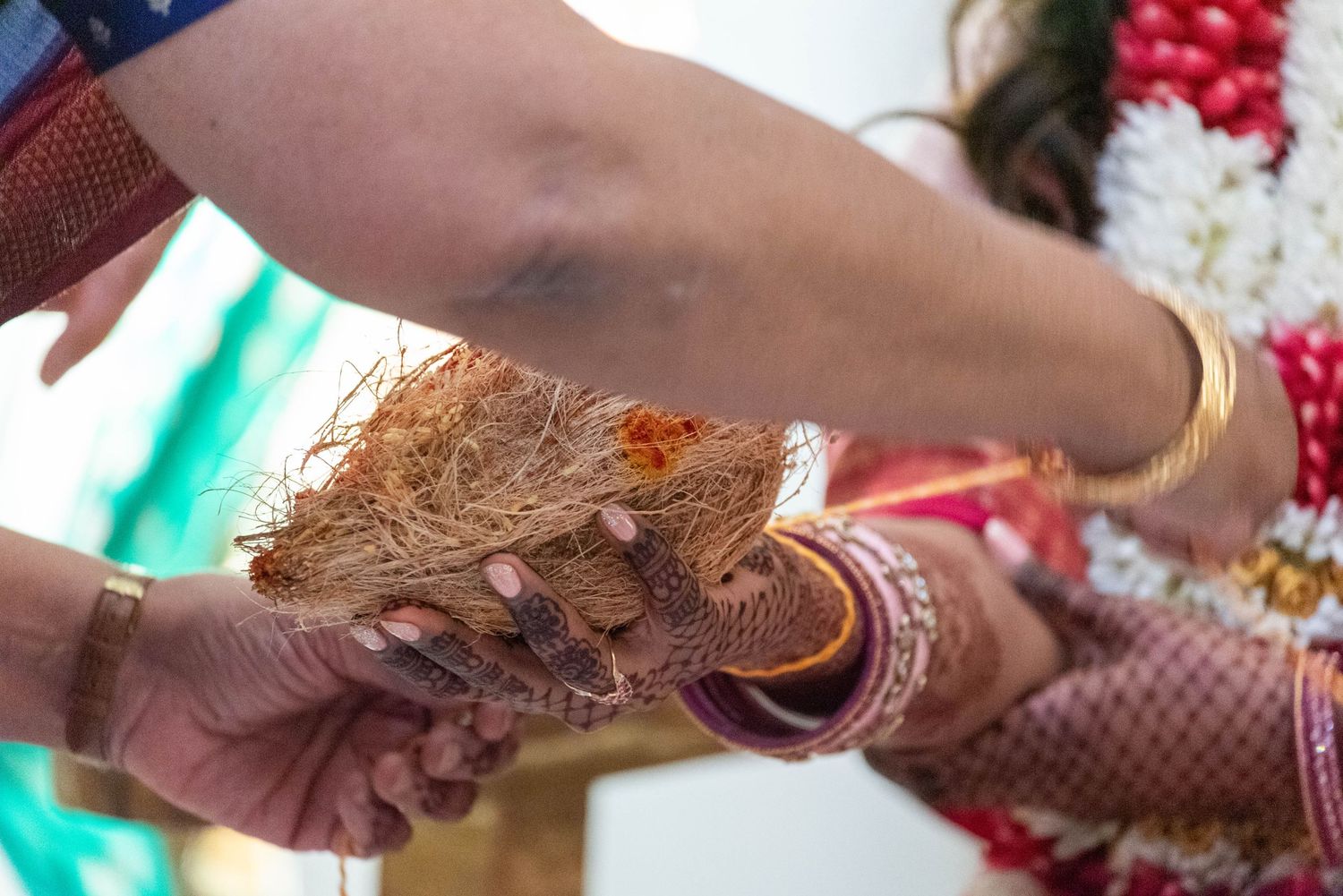 Hands holding dried grass during traditional Indian wedding ritual ceremony with gold bangles.