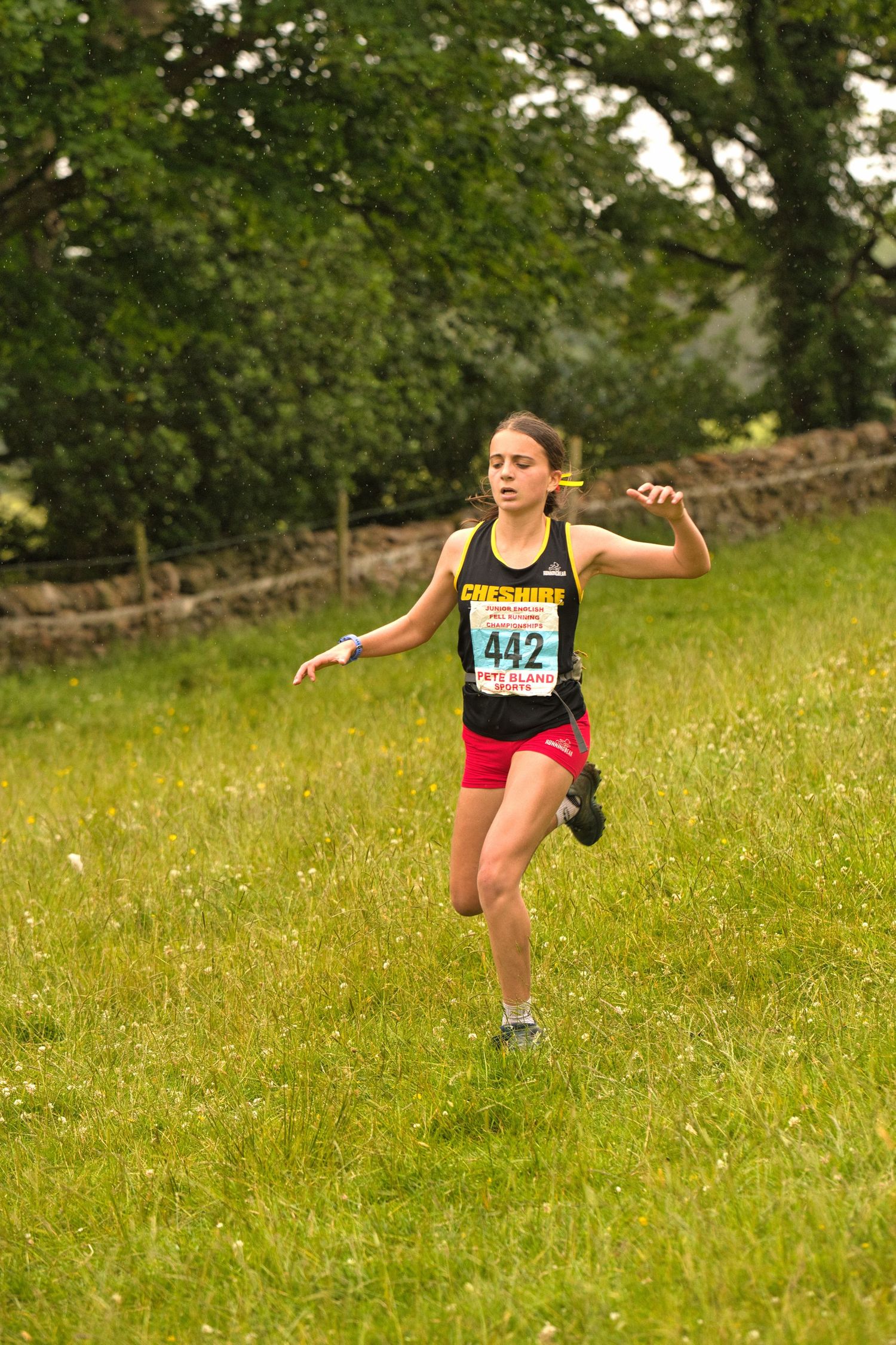 Junior fell runners descending a steep grassy hillside during a race, focused and moving fast with mountains in the background.