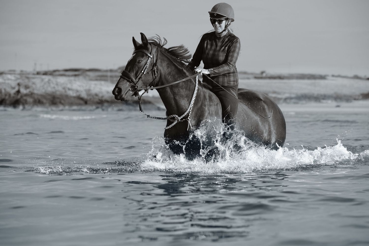 Horse splashing through waves on the beach, rider happy during an equine photography shoot. Aberffraw, North Wales, DM for a shoot.