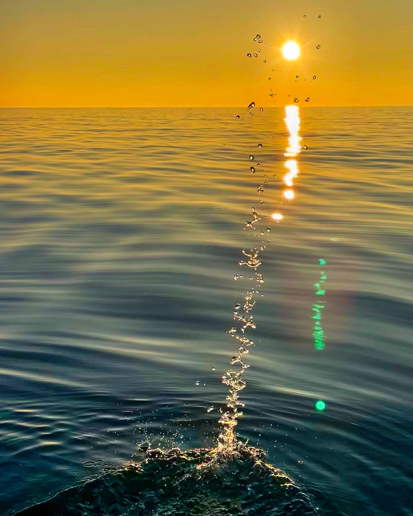 Stunning photo whilst paddle boarding off the west coast of anglesey.  Water droplets from my paddle and sunset in the distance