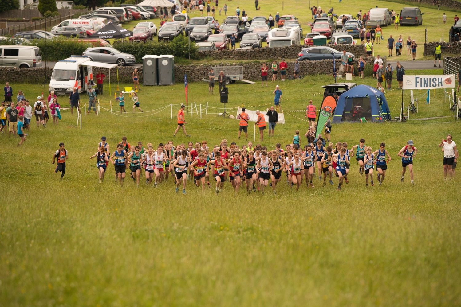 Junior fell runners start heading up a steep grassy hillside during a race, focused and moving fast