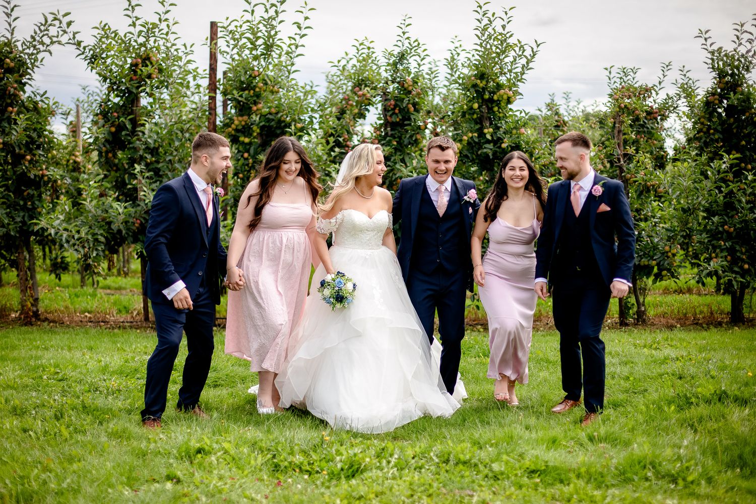Wedding party of six walking together in an orchard, bride in white gown with bridesmaids and groomsmen.