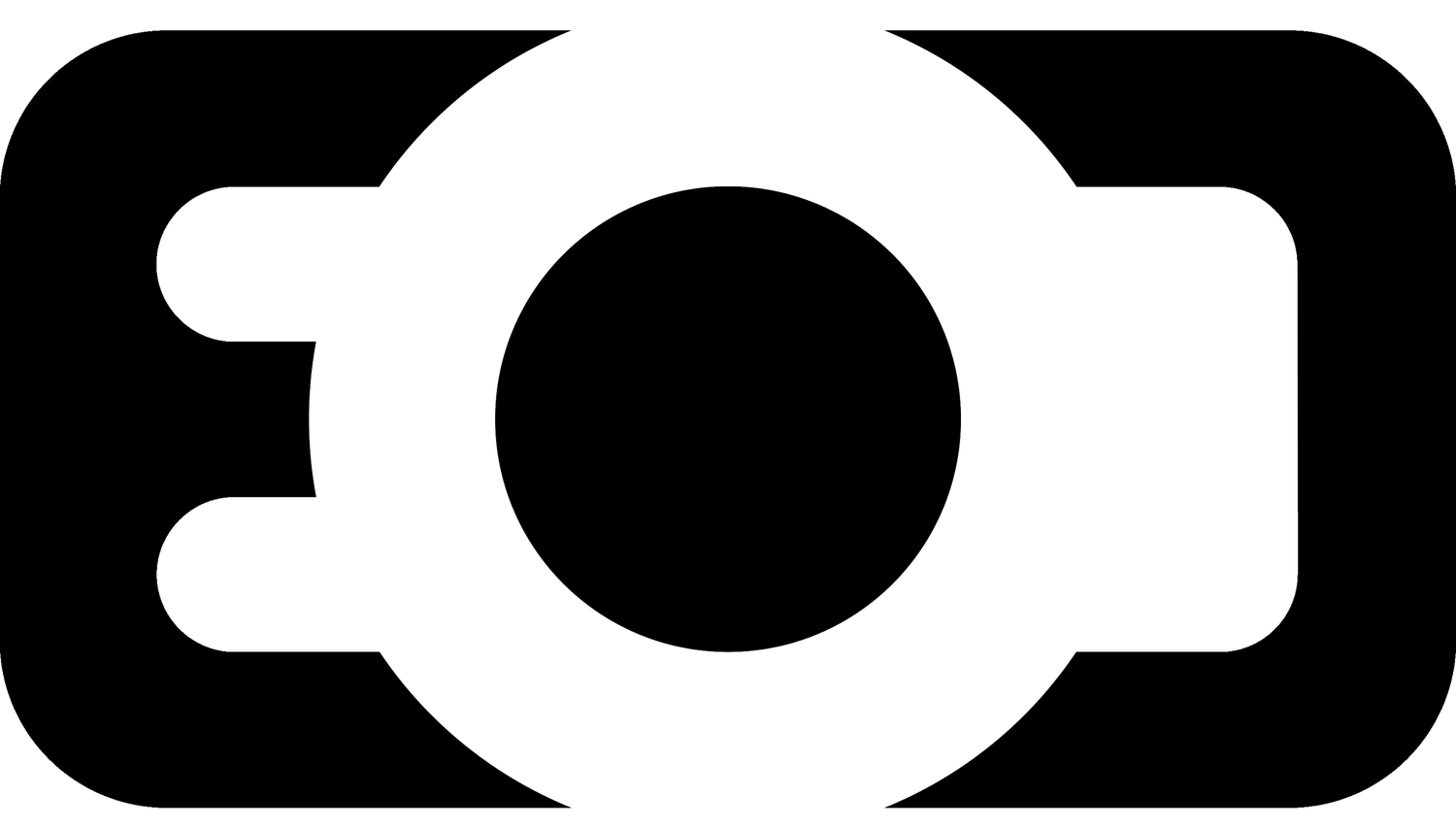 Black and white camera icon logo with a circular lens design on a dark background.