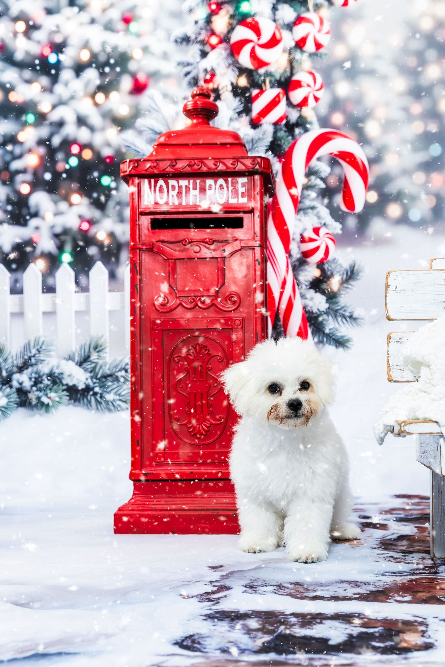 White fluffy dog sits beside a red North Pole mailbox with candy canes and Christmas trees in a snowy holiday scene.