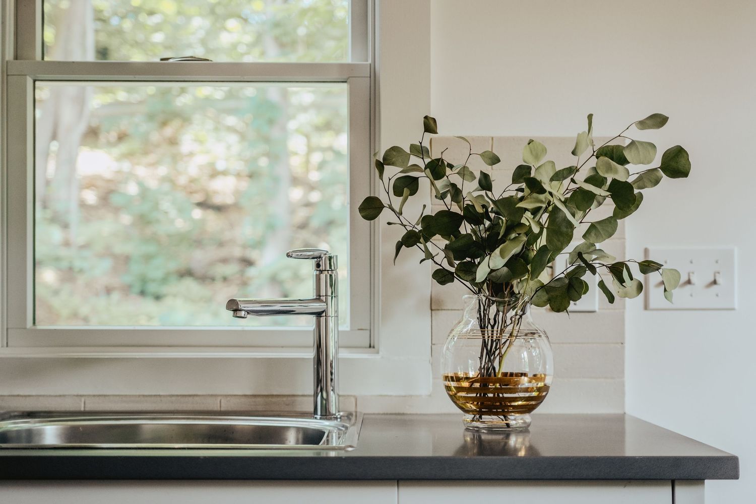 Modern kitchen sink with sleek faucet and decorative eucalyptus plant in brass vase.