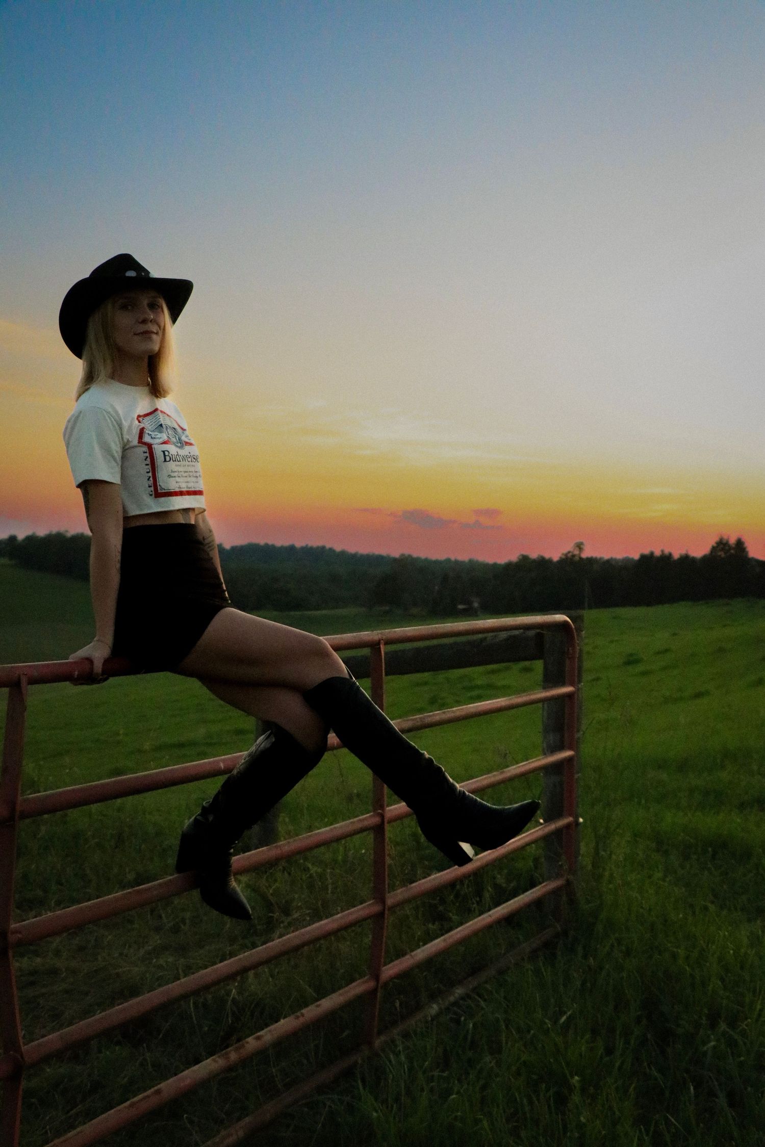 Sunset scene with wooden fence and figure perched atop in rural landscape.