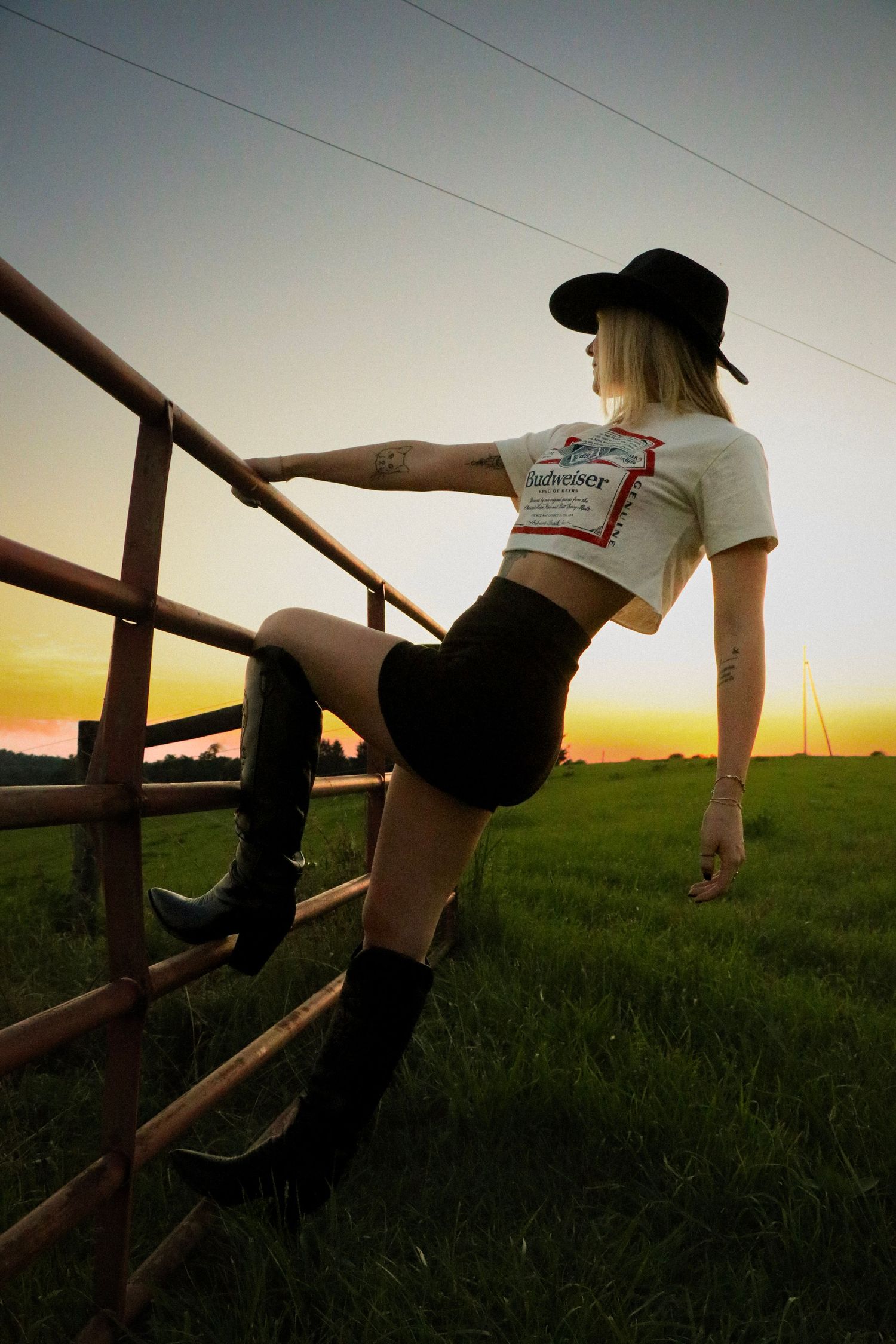 Figure climbing wooden fence at sunset with golden light illuminating rural landscape.