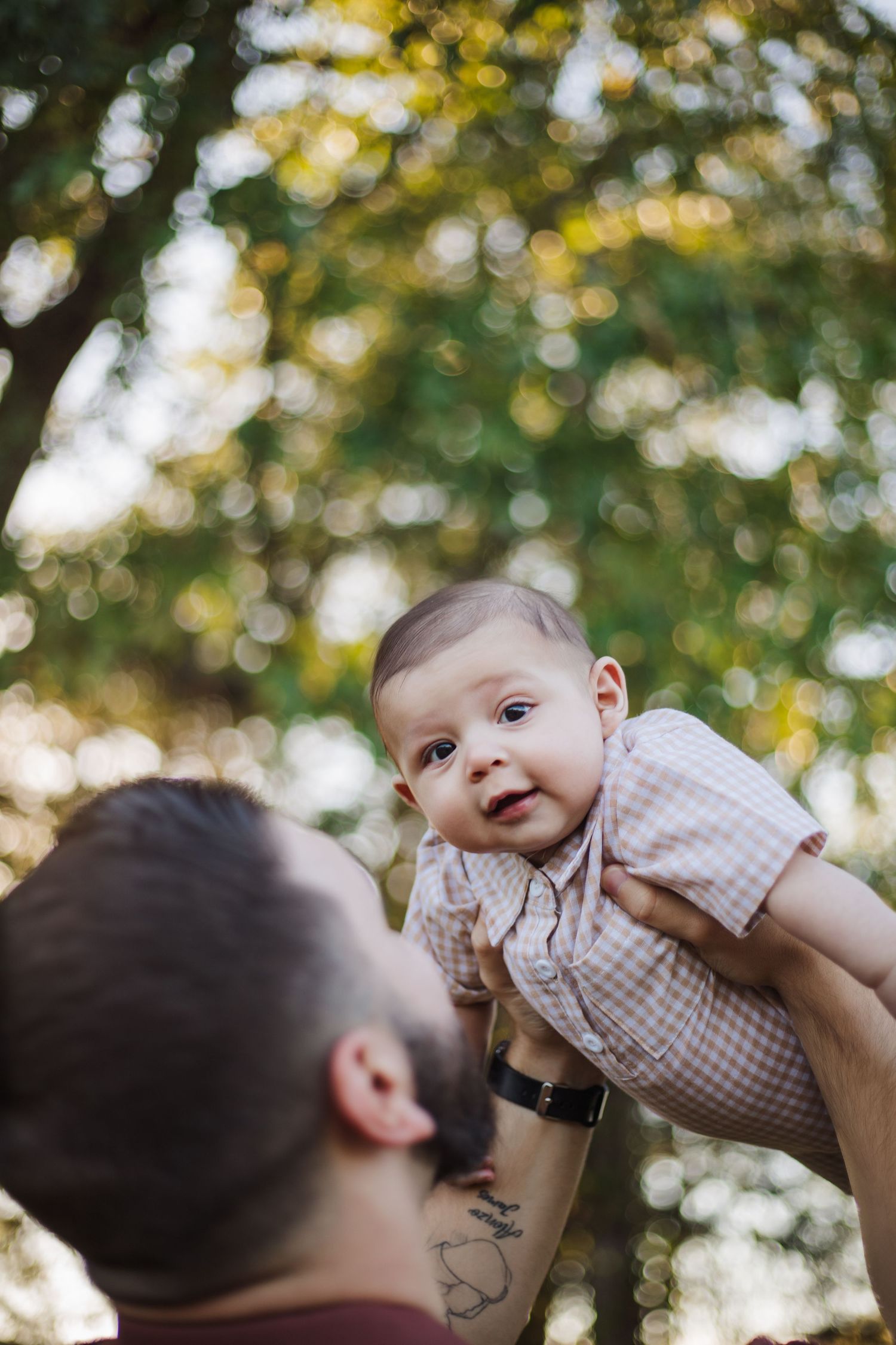 A tender moment captured outdoors with a baby being lifted up against a soft bokeh background of green foliage.