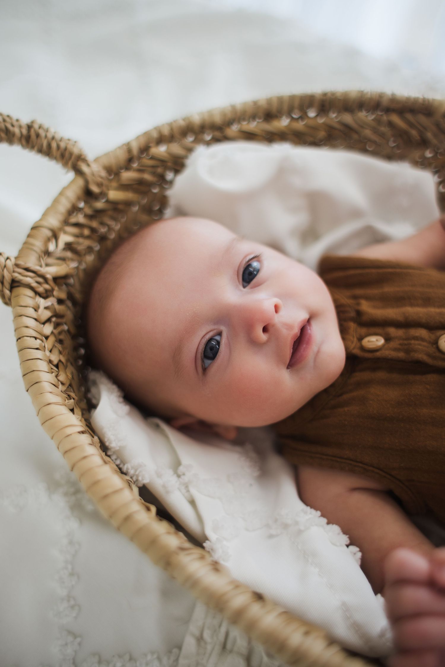 A newborn baby lying in a beige woven basket while wrapped in soft white fabric and brown blankets.