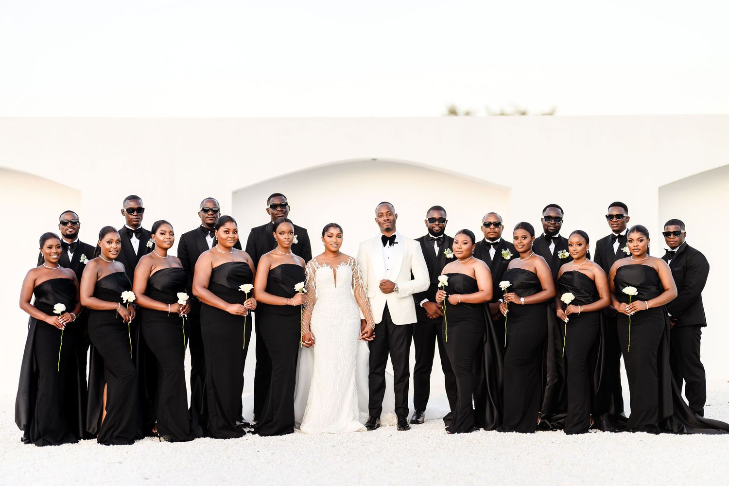 Large wedding party in black and white attire posed formally against white background at luxury estate Gynview in Luaska, Zambia